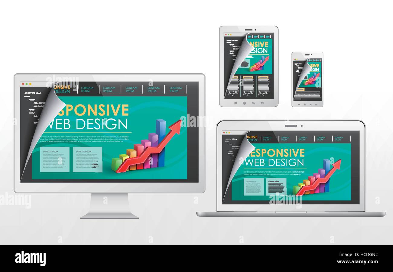 responsive web design concept in flat screen TV, tablet, smart phone ...