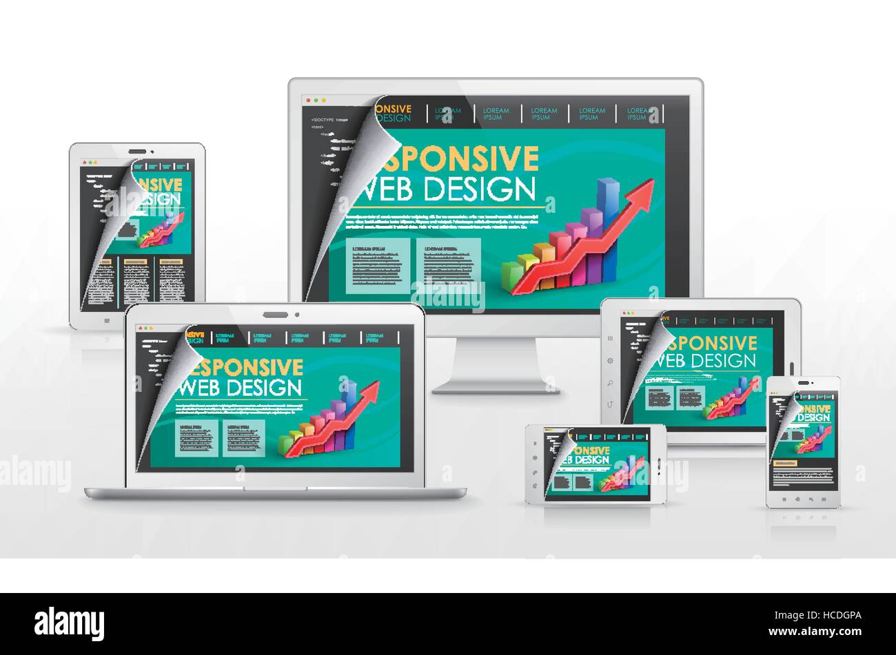 responsive web design concept in flat screen TV, tablet, smart phone ...