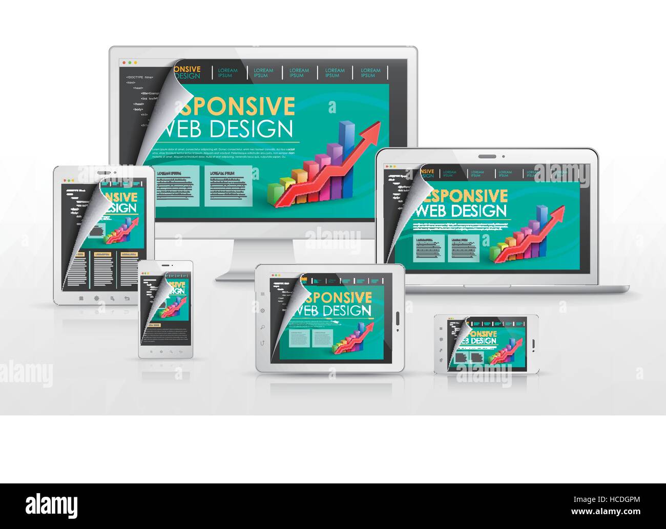 responsive web design concept in flat screen TV, tablet, smart phone ...
