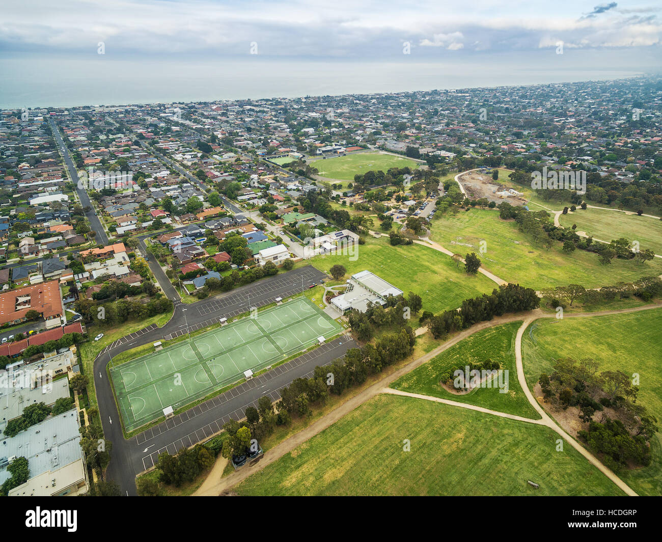 Aerial view of Women's sports club and adjuscent suburban area at Bcentennial Park in Chelsea, Melbourne, Australia Stock Photo