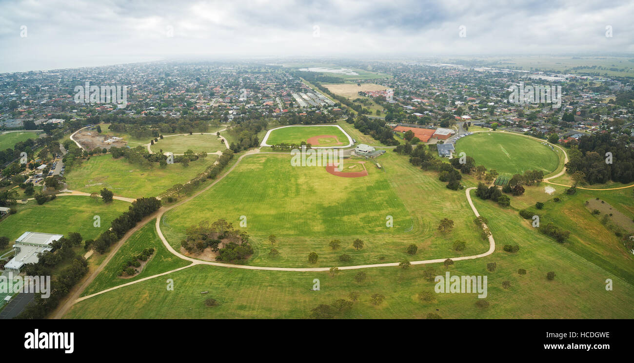 Panoramic aerial view of Bicentennial Park and surrounding suburban areas in Chelsea, Melbourne, Australia Stock Photo