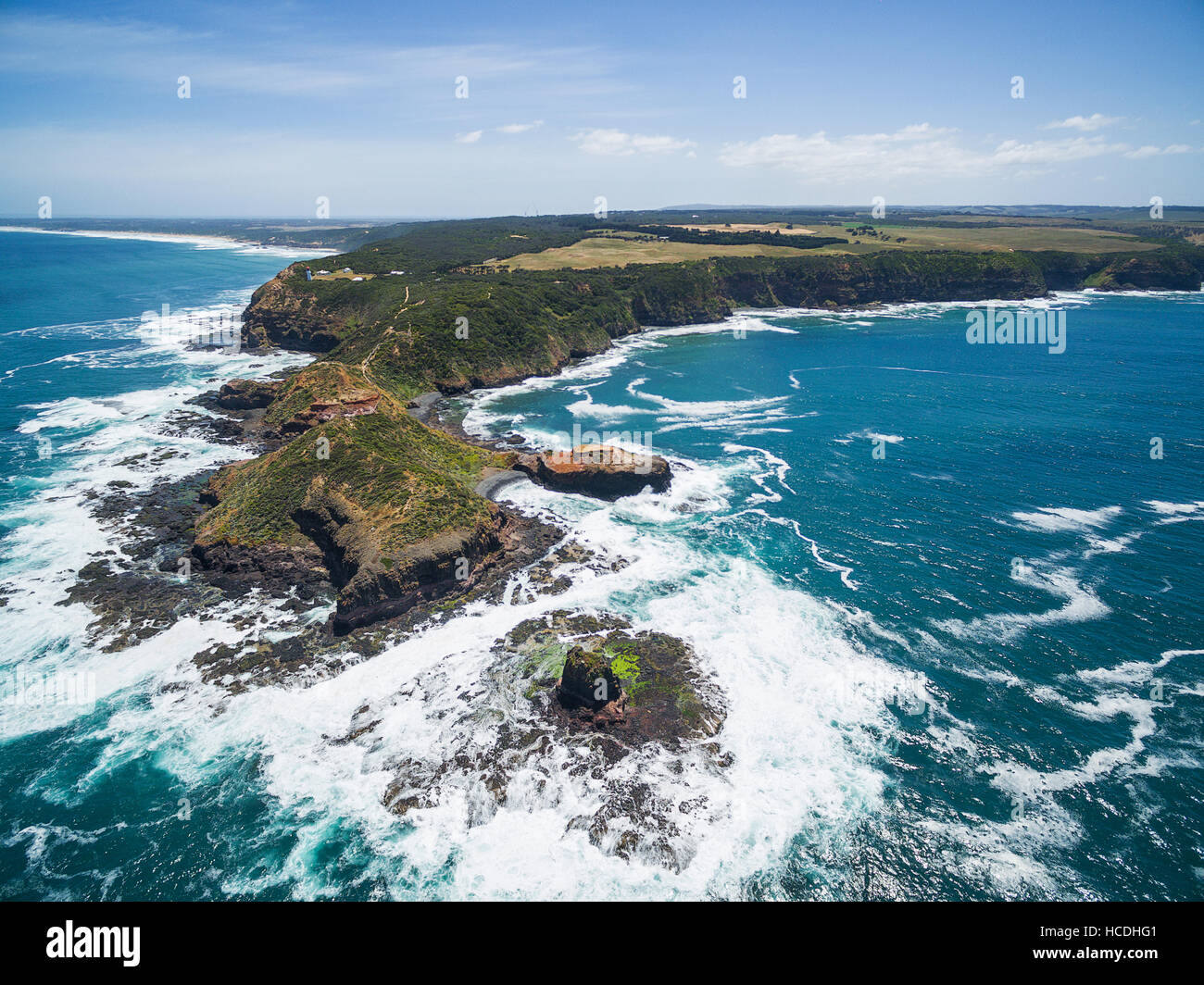 Aerial view of Cape Schanck coastline, lighthouse, and Pulpit Rock. Mornington Peninsula
