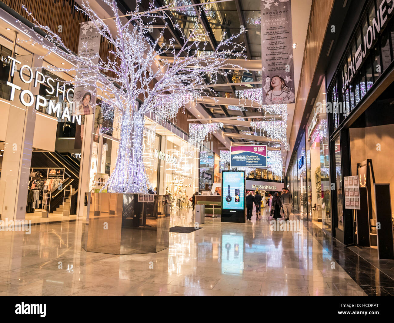 Inside the new Broadway shopping centre in Bradford City Centre, ready for  Christmas with lots of decorations everywhere Stock Photo - Alamy