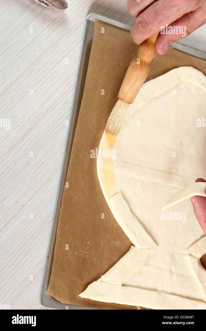 Brush with Egg Glaze Rim Puff Pastry Base. Making Salmon in Puff Pastry