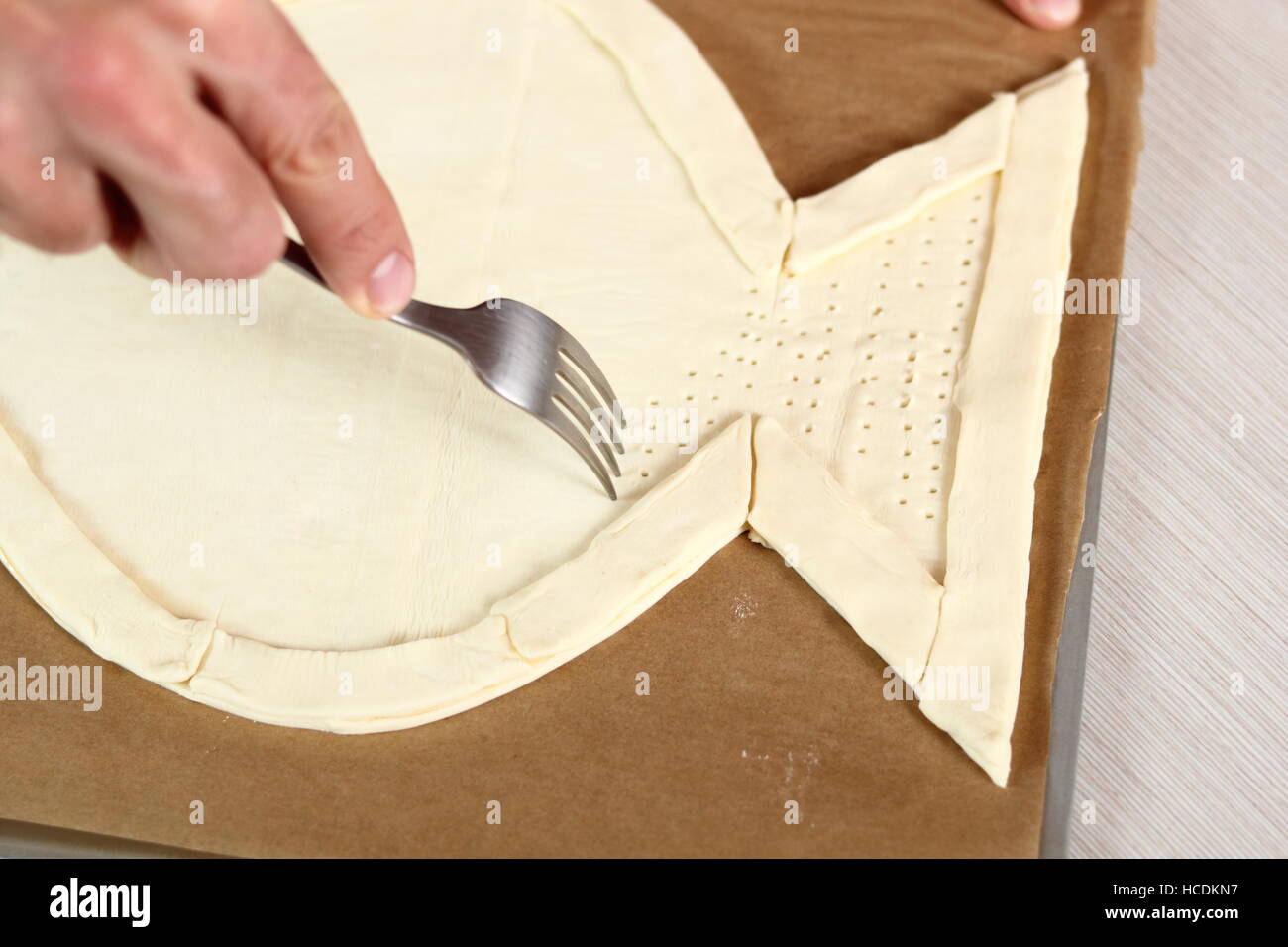Prick Puff Pastry Base with Fork. Making Salmon in Puff Pastry Series Stock Photo Alamy