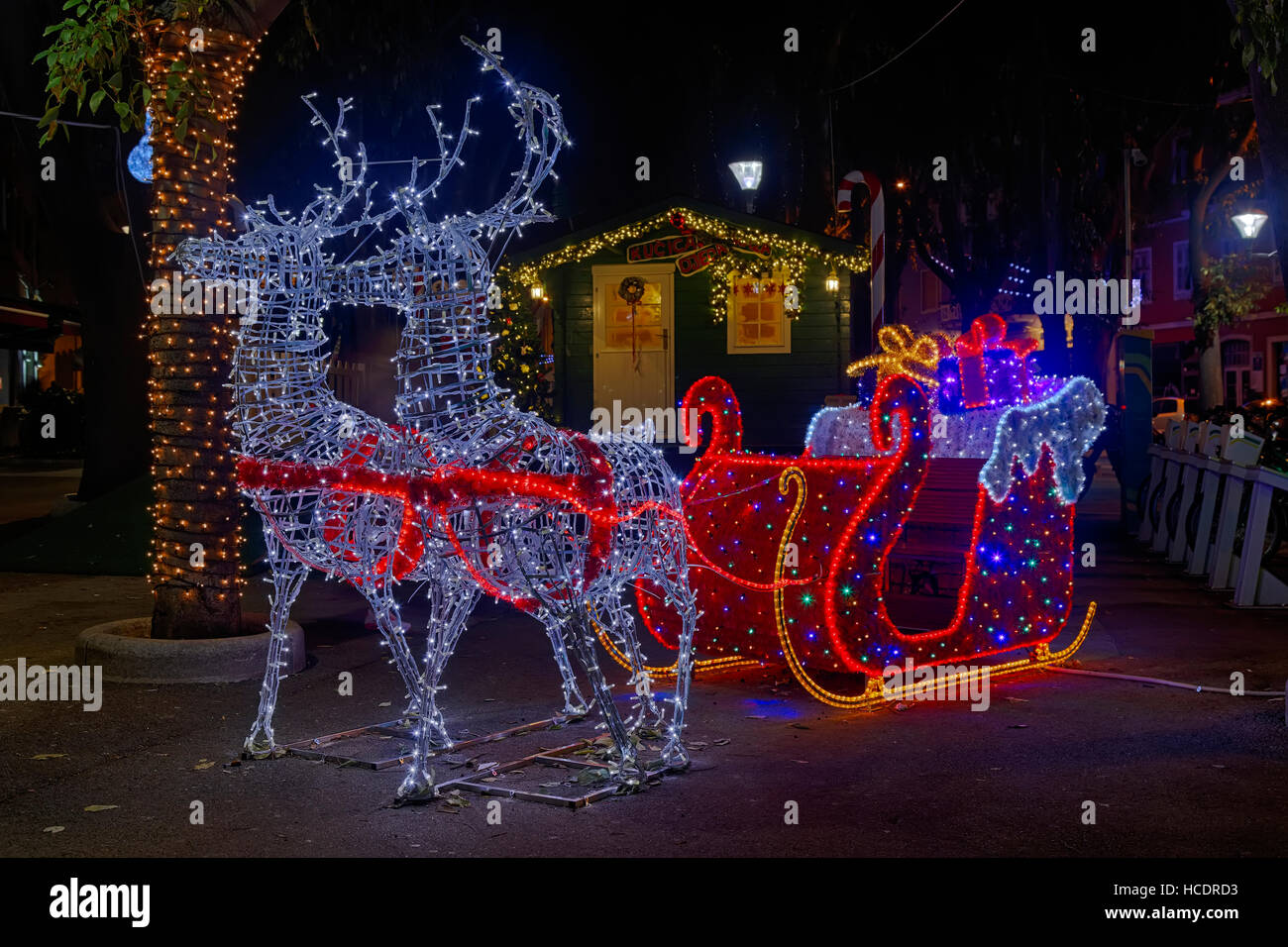 Santa Claus sleigh and two reindeer, Christmas decoration Stock Photo