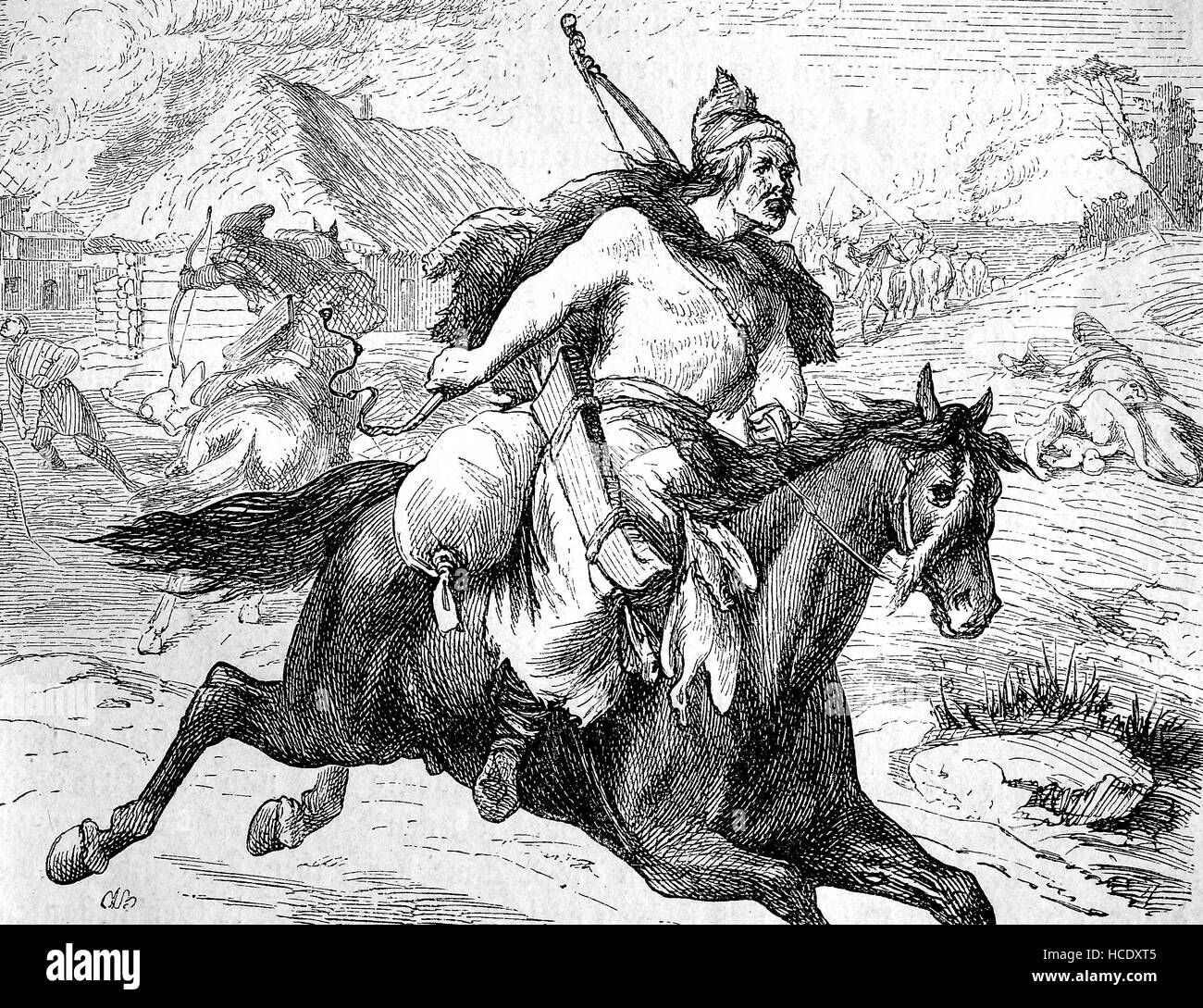 Hun Warrior on horseback at The Battle of the Catalaunian Plains, Fields, Battle of Chalons or the Battle of Maurica, June 20, 451 AD, the story of the ancient Rome, roman Empire, Italy Stock Photo