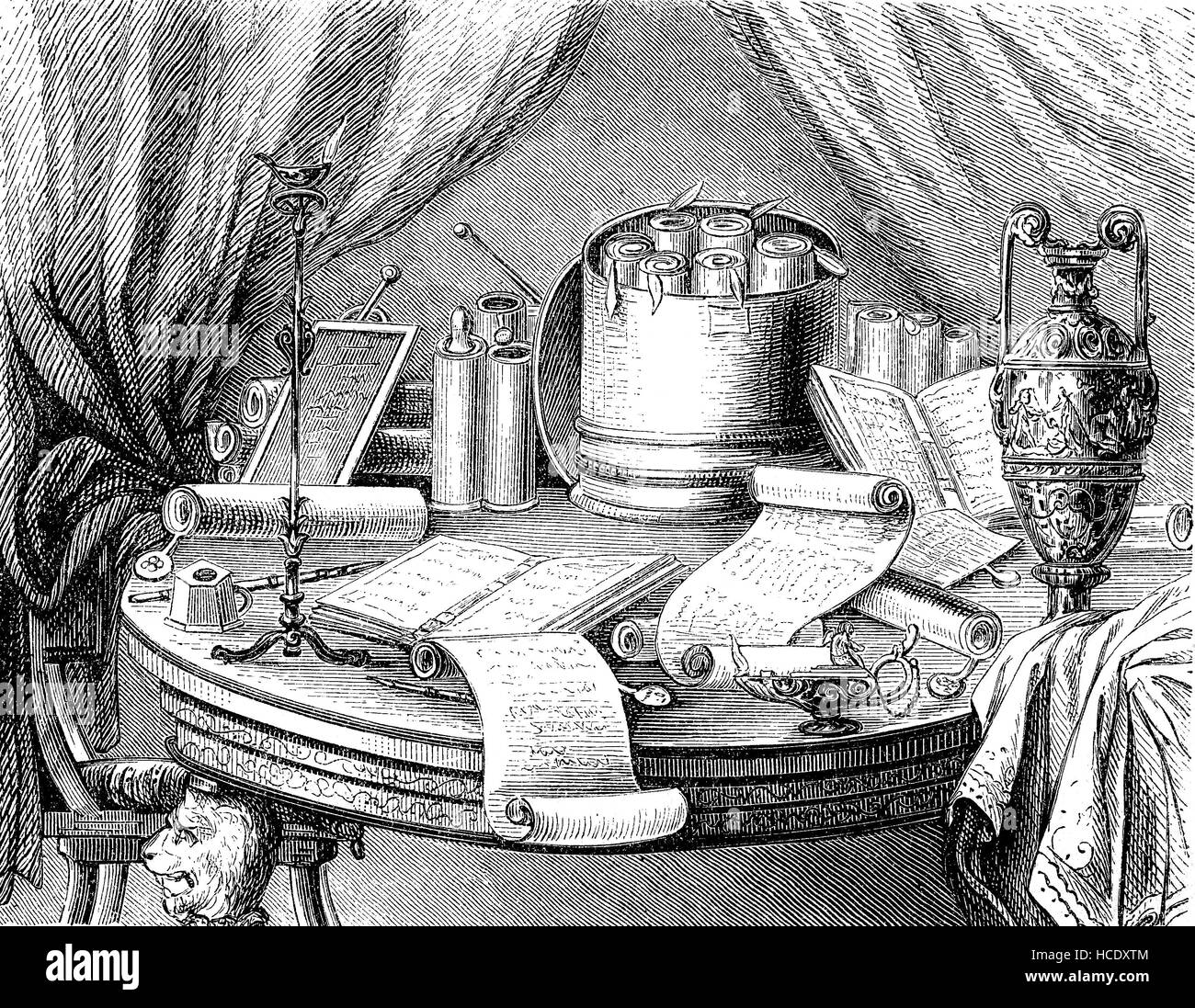 Handwritten Roman books and scrolls, 450 AD, the story of the ancient