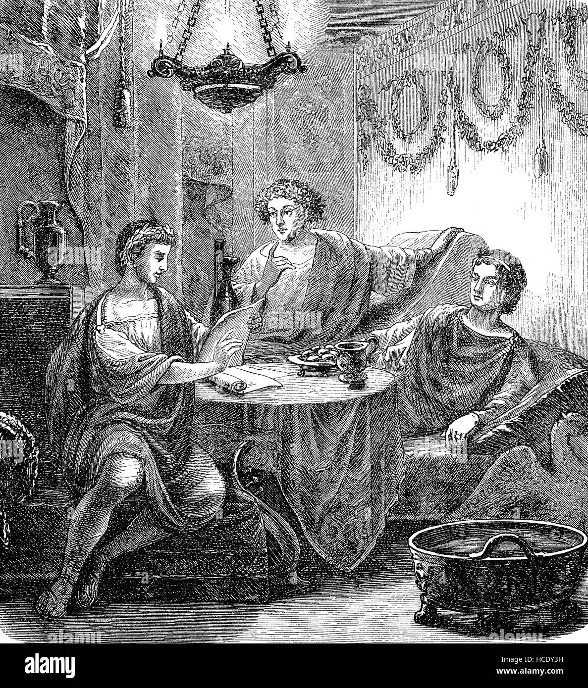 Quintus Horatius Flaccus, 65 BC - 8 BC, Horace, the leading Roman lyric poet during the time of Augustus and Gaius Cilnius Maecenas, 68 BC - 8 BC in the triclinium, a formal dining room in a Roman building, of Augustus, 63 BC - 14 AD, the founder of the Roman Principate and considered the first Emperor, the story of the ancient Rome, roman Empire, Italy Stock Photo