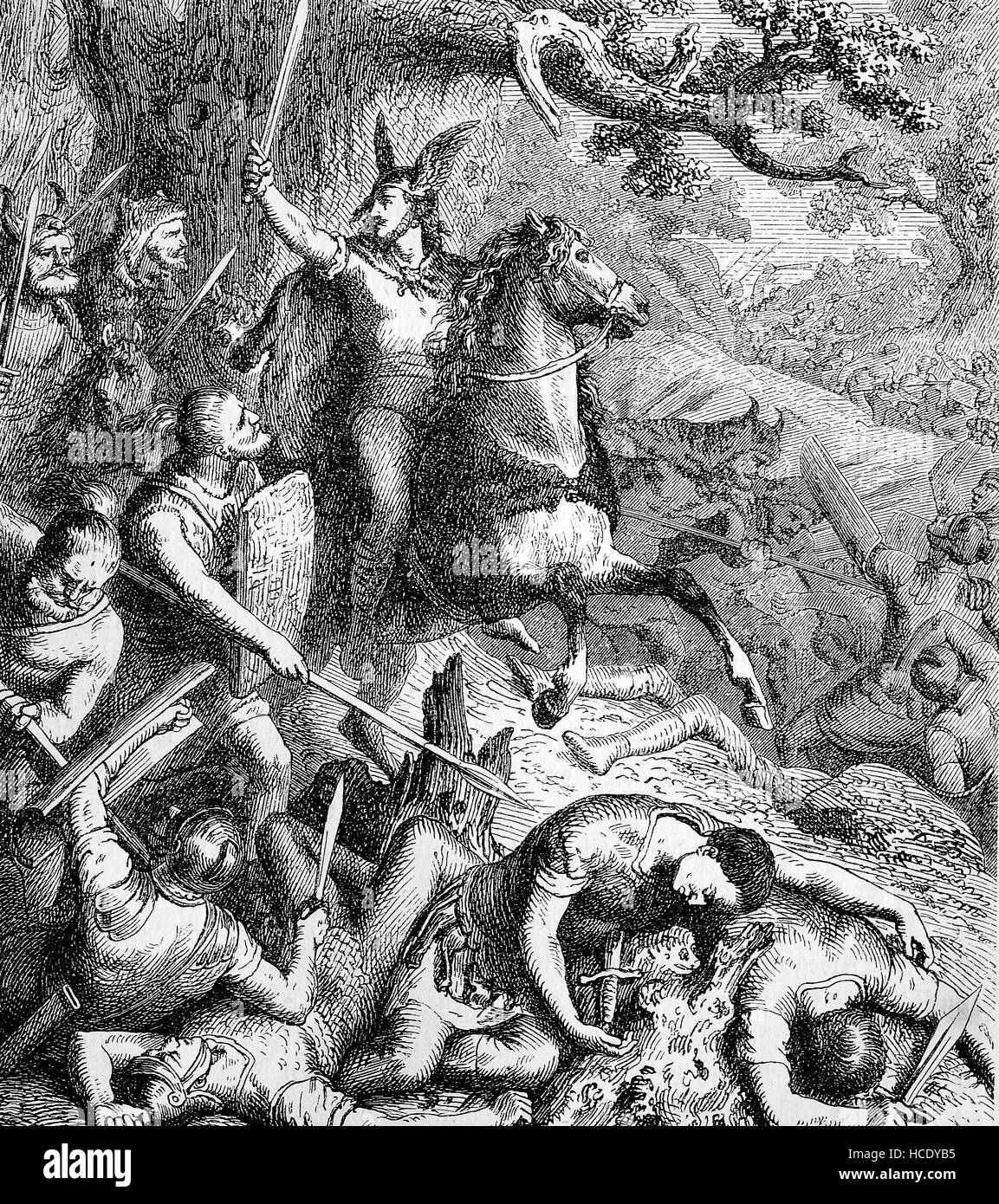 fight between romans and germans, teutons, The Battle of the Teutoburg Forest, Schlacht im Teutoburger Wald, Hermannsschlacht, or Varusschlacht, year 9 AD, the story of the ancient Rome, roman Empire, Italy Stock Photo