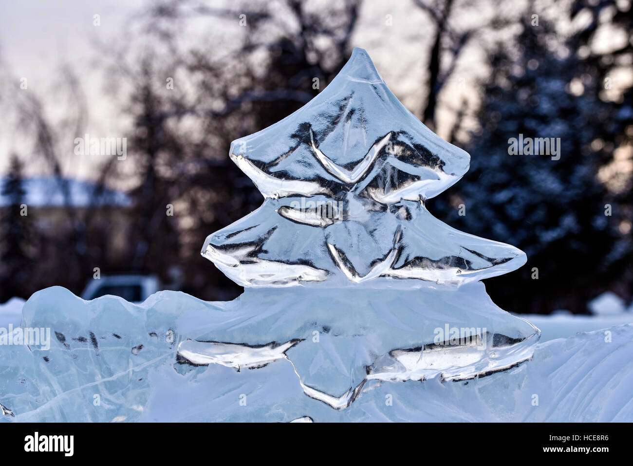 Icy Christmas tree, sculpture, carved from a piece of ice Stock Photo