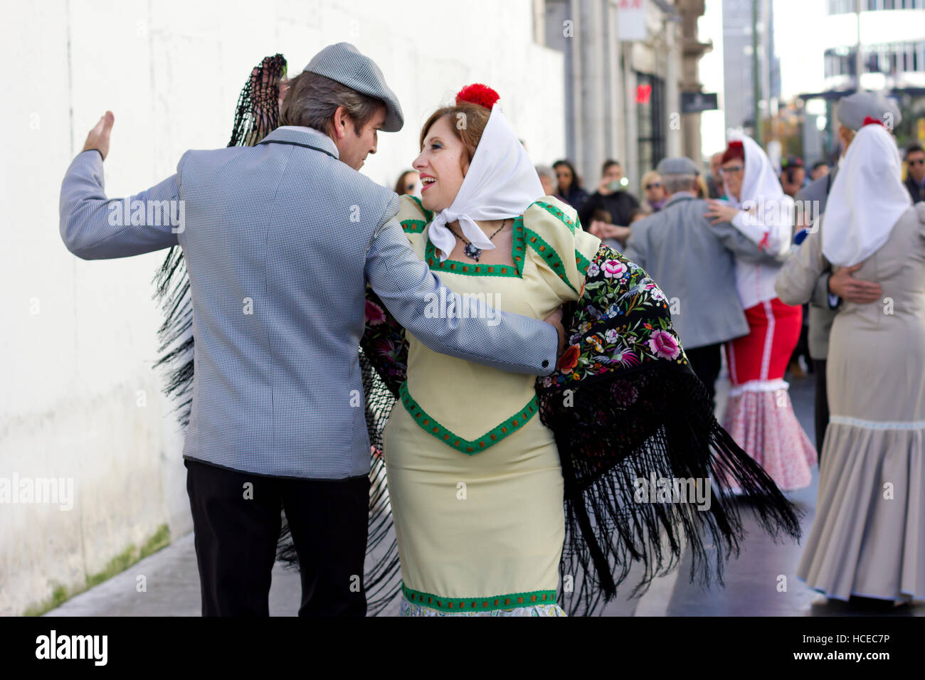 Couple dancing chotis dance in Gran Via (Madrid, Spain). Stock Photo