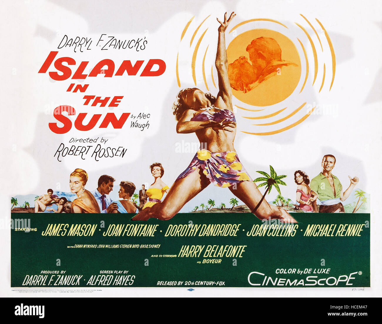 ISLAND IN THE SUN, l-r: Joan Fontaine, James Mason, Dorothy Dandridge, Joan Collins, Harry Belafonte on poster art, 1957, TM Stock Photo