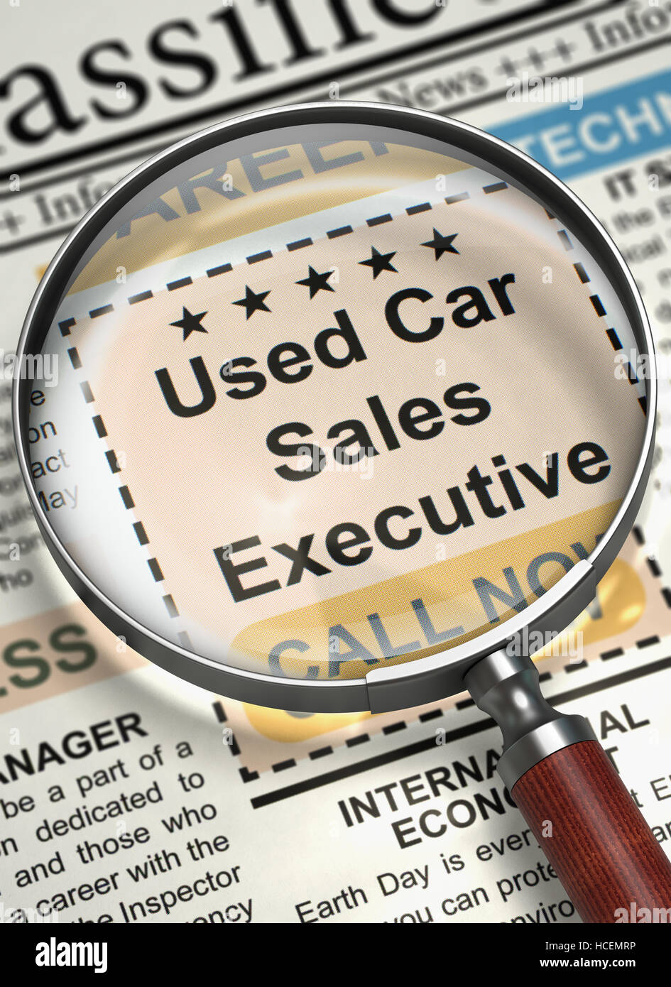 Used Car Sales Executive Hiring Now. 3D. Stock Photo