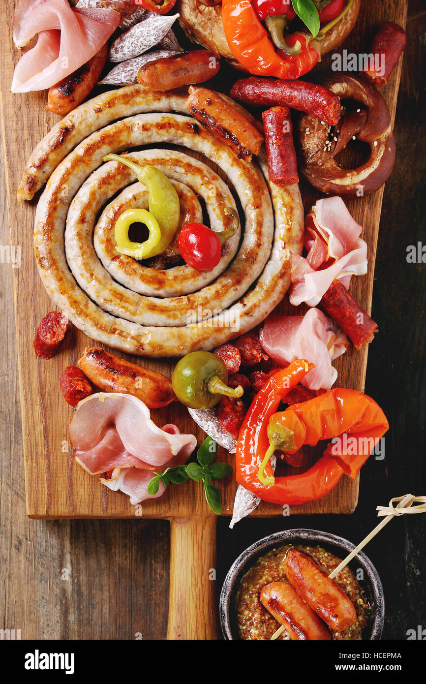 Variety of meat snacks in pretzels Stock Photo