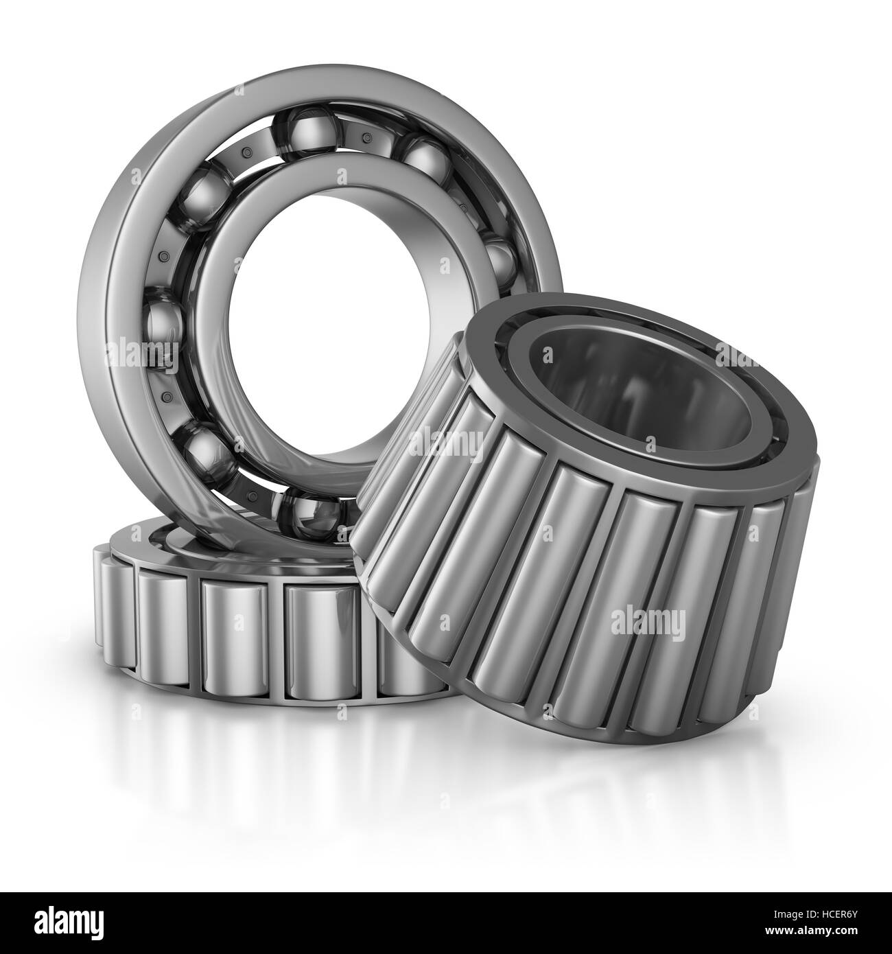 Various bearings on a white background. 3D render. Stock Photo
