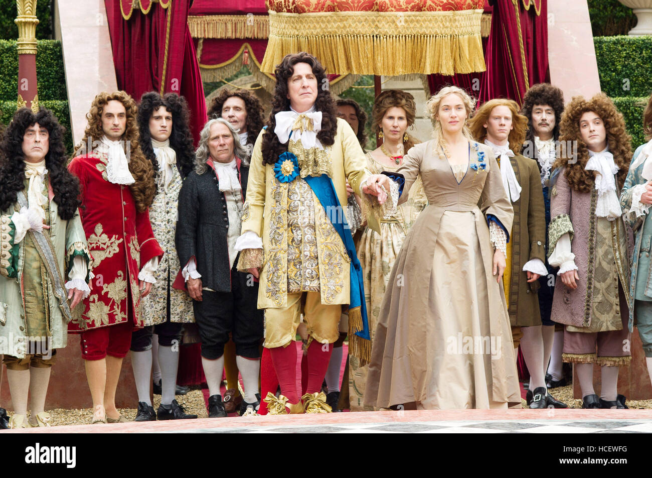 A LITTLE CHAOS, Alan Rickman (center), as King Louis XIV, Kate Winslet (front right), 2014. ph