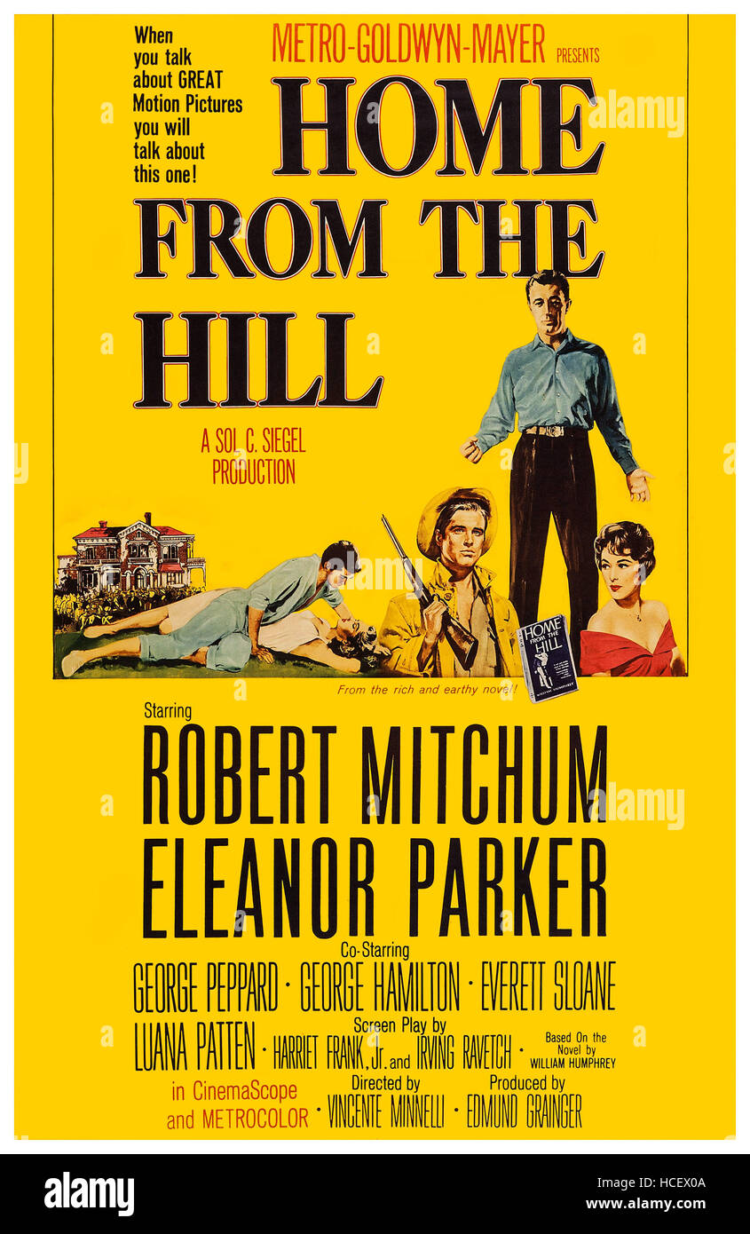HOME FROM THE HILL, US poster art, from left: George Hamilton, Luana Patten, George Peppard, Robert Mitchum, Eleanor Parker, Stock Photo