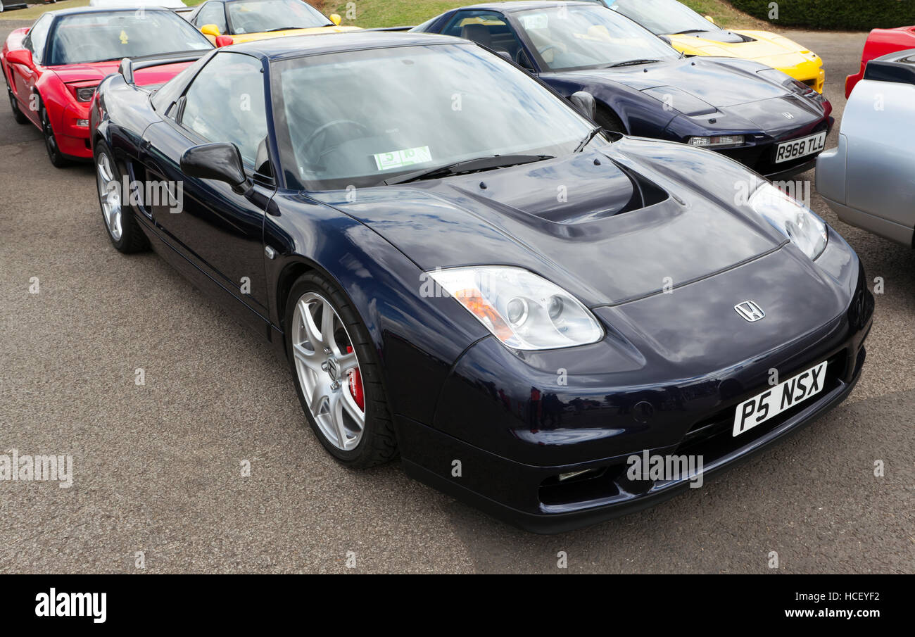 Three-quarter front view of 1996 Honda NSX on display in the  Honda NSX  Owners Club Zone of the Silverstone Classic 2016 Stock Photo