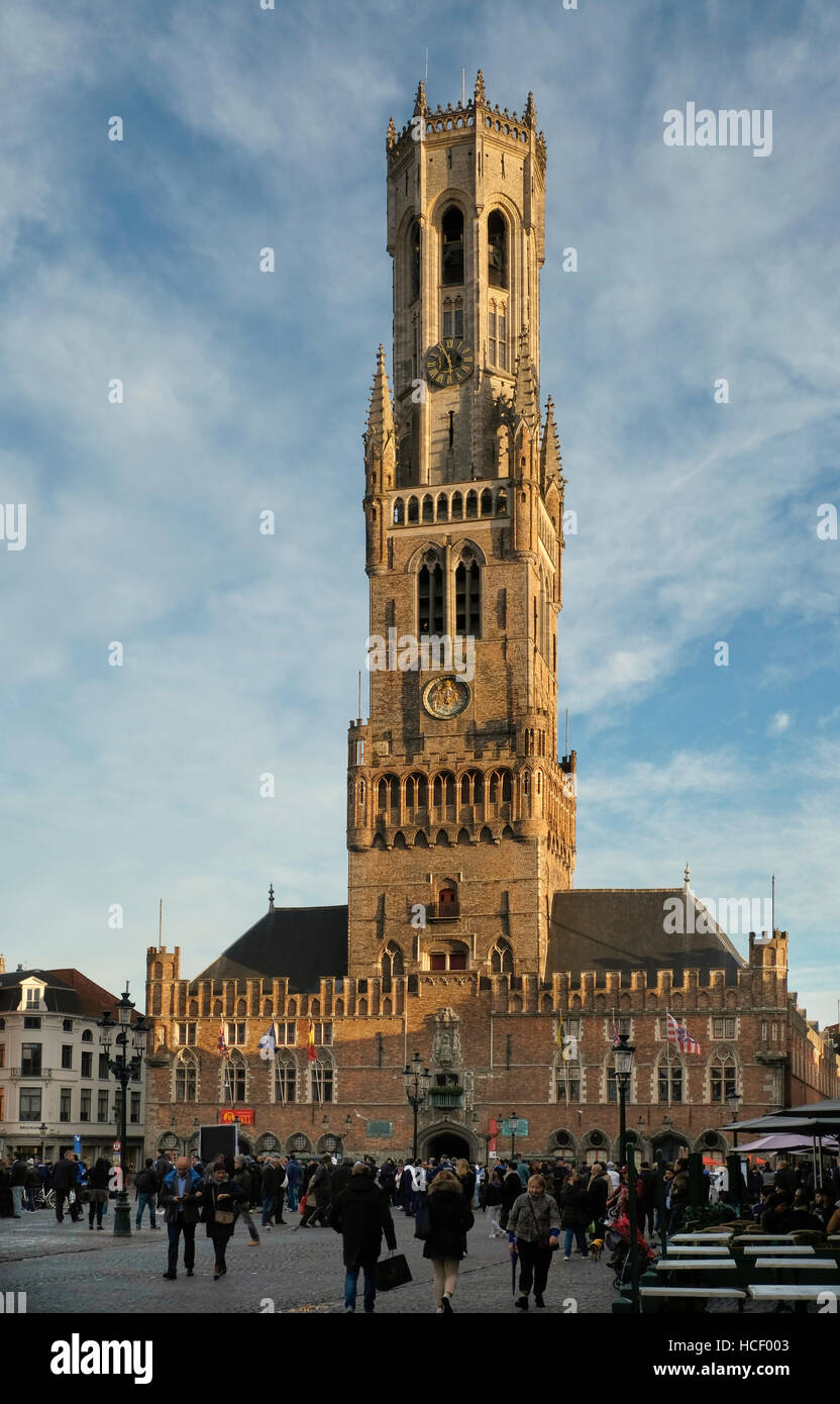 The Belfort, or Belfry, of Bruges medieval bell tower in the market square, the historical centre of the city. Stock Photo