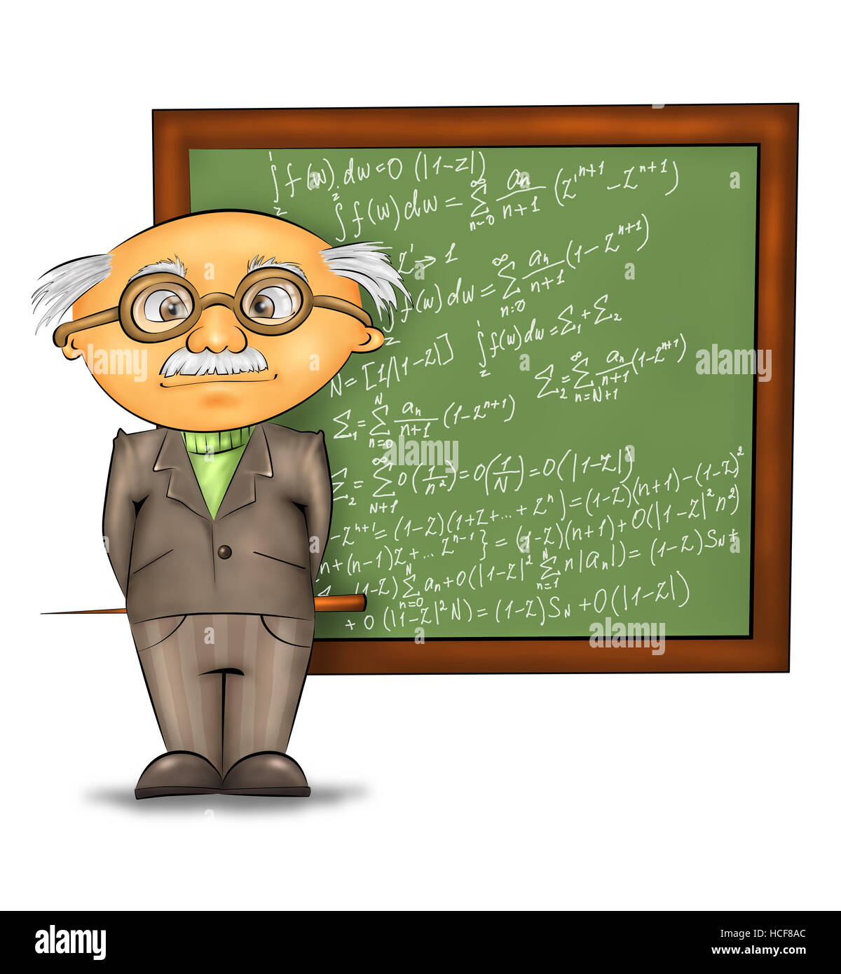 funny cartoon professor standing by the blackboard against white background Stock Photo