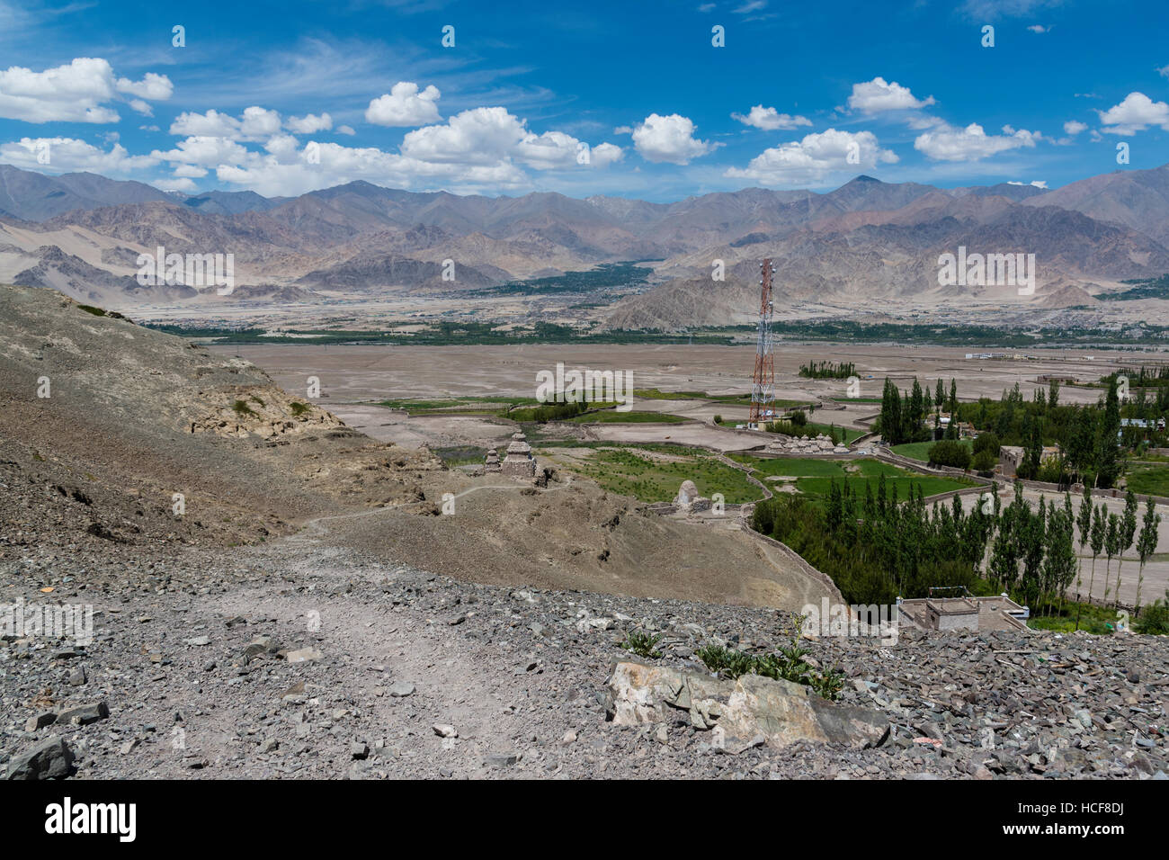 Ladakh landscape showing human settlement and Himalayan mountains in the background Stock Photo