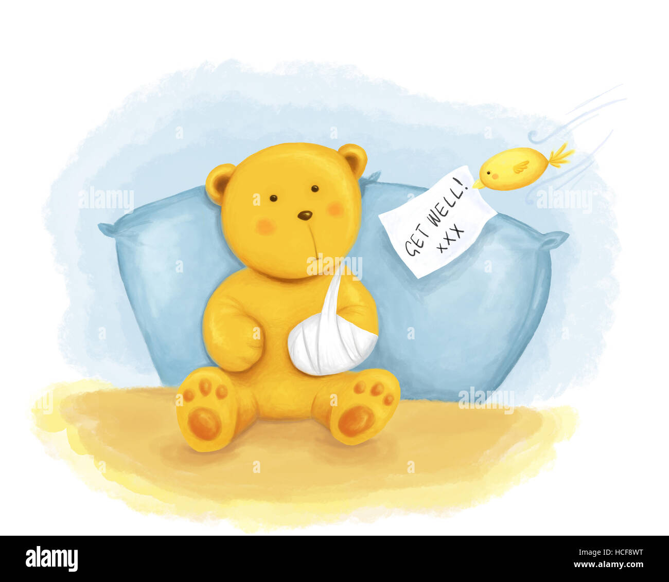 teddy bear with broken arm and little birdie with get well