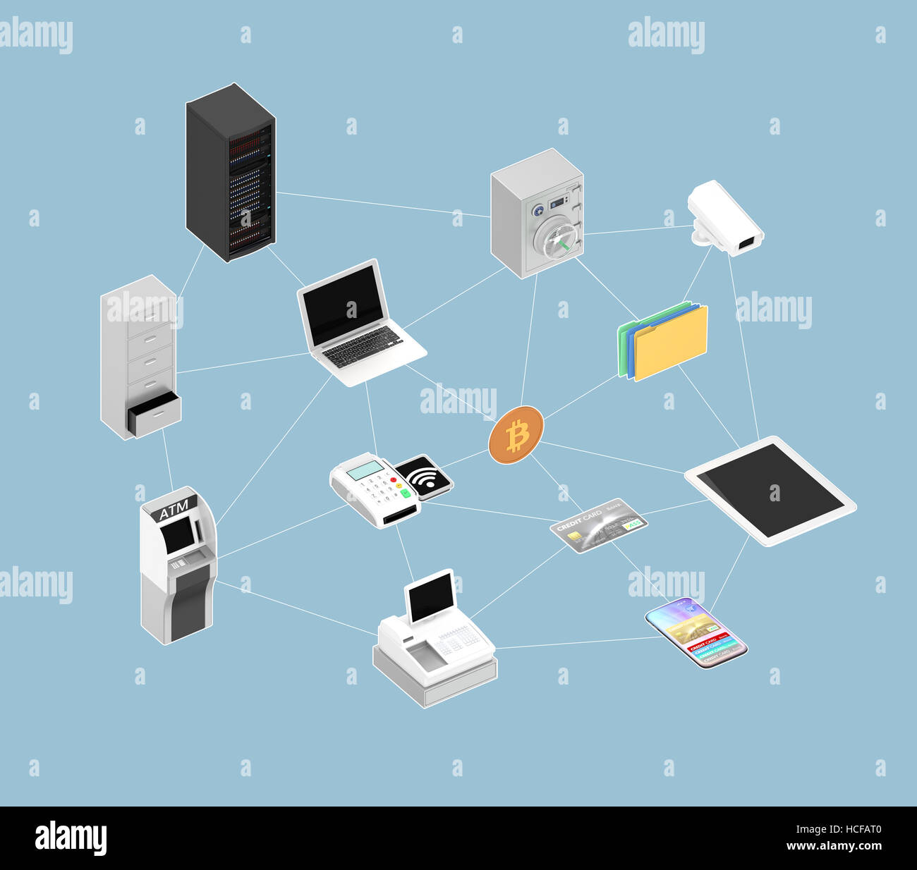 ATM, NFC, mobile payment devices etc, connected by network. Fintech technology concept. 3D