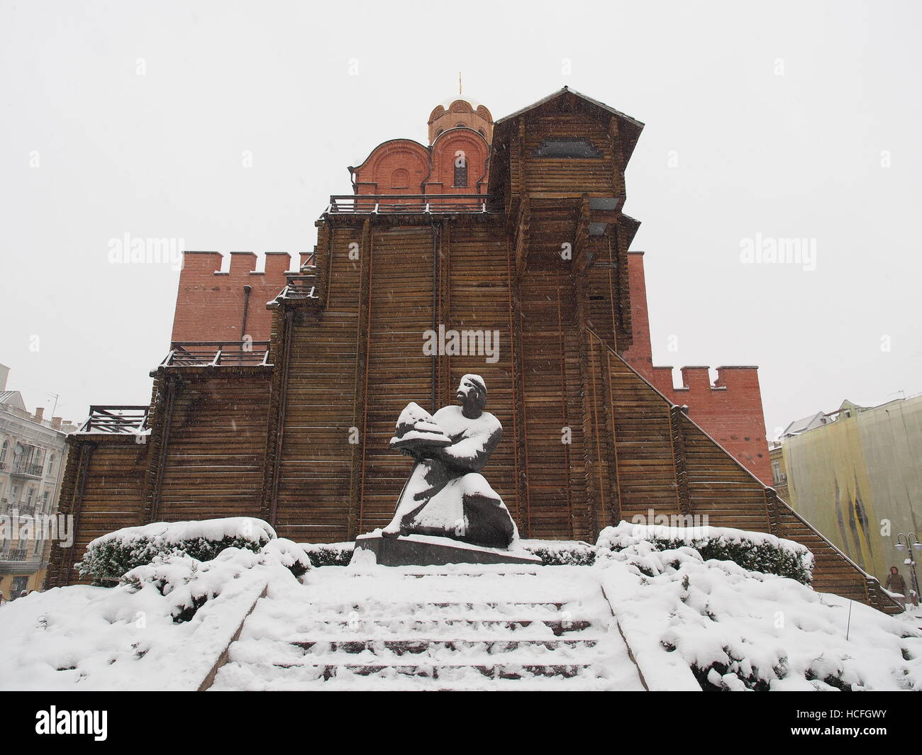 The Golden Gate in Kiev in Winter, in front the Monument of Yaroslav the Wise Stock Photo