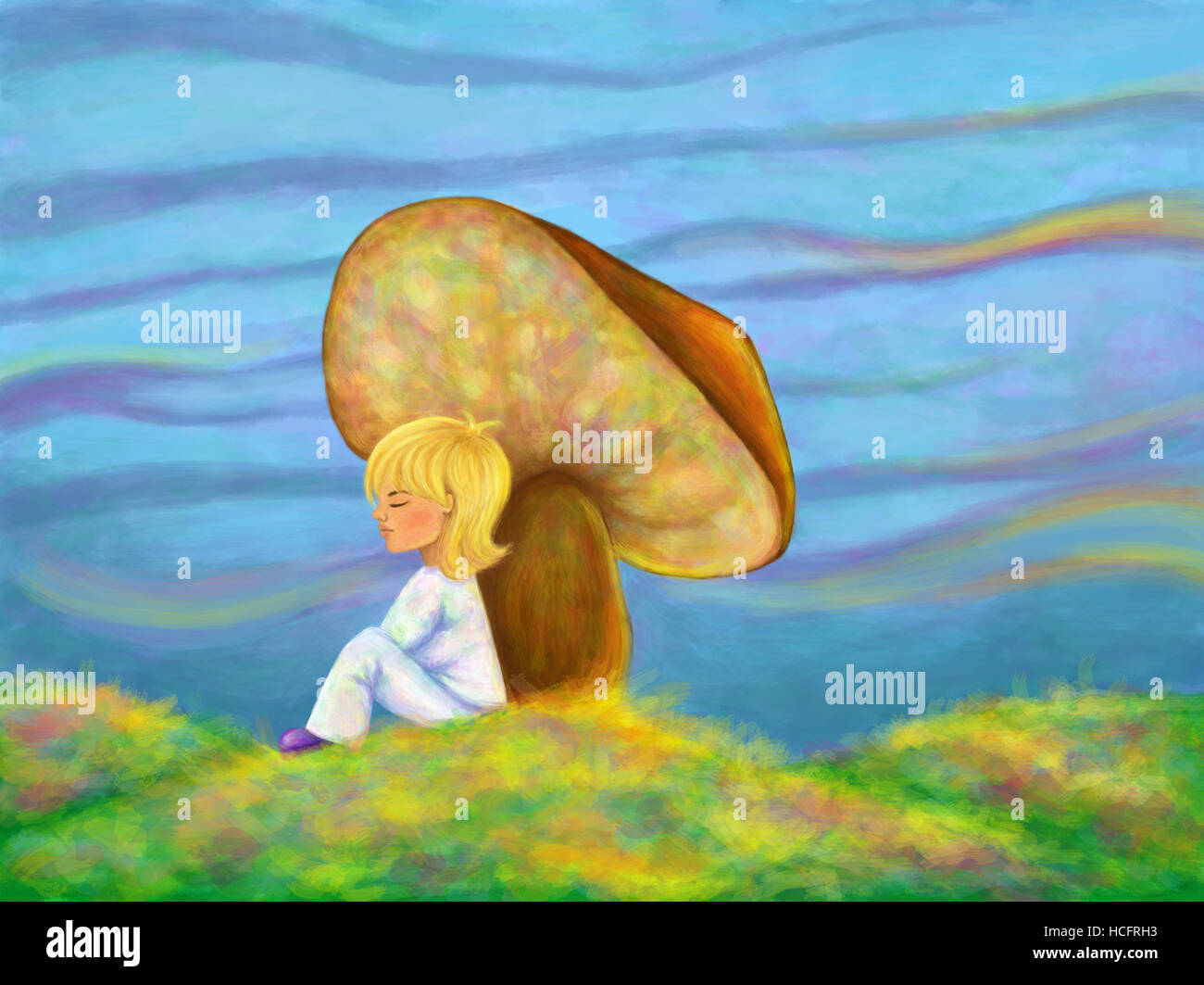 lovely blond boy in white pajamas sitting by a huge mushroom in a wonder meadow Stock Photo Alamy