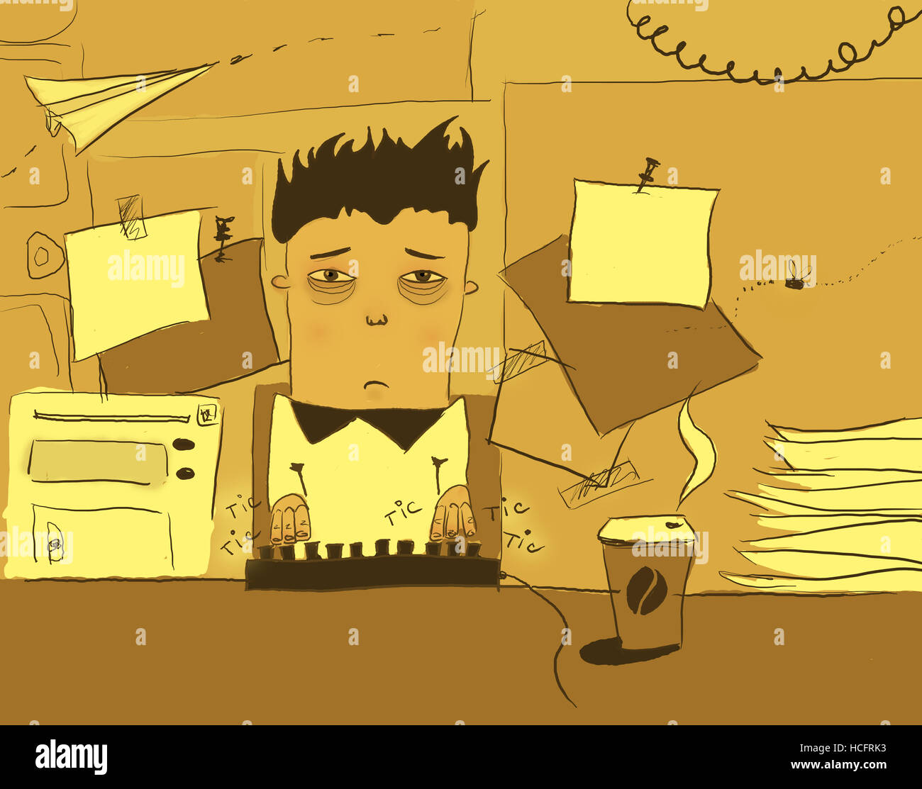 poor tired office worker surrounded by papers and other such stuff Stock Photo