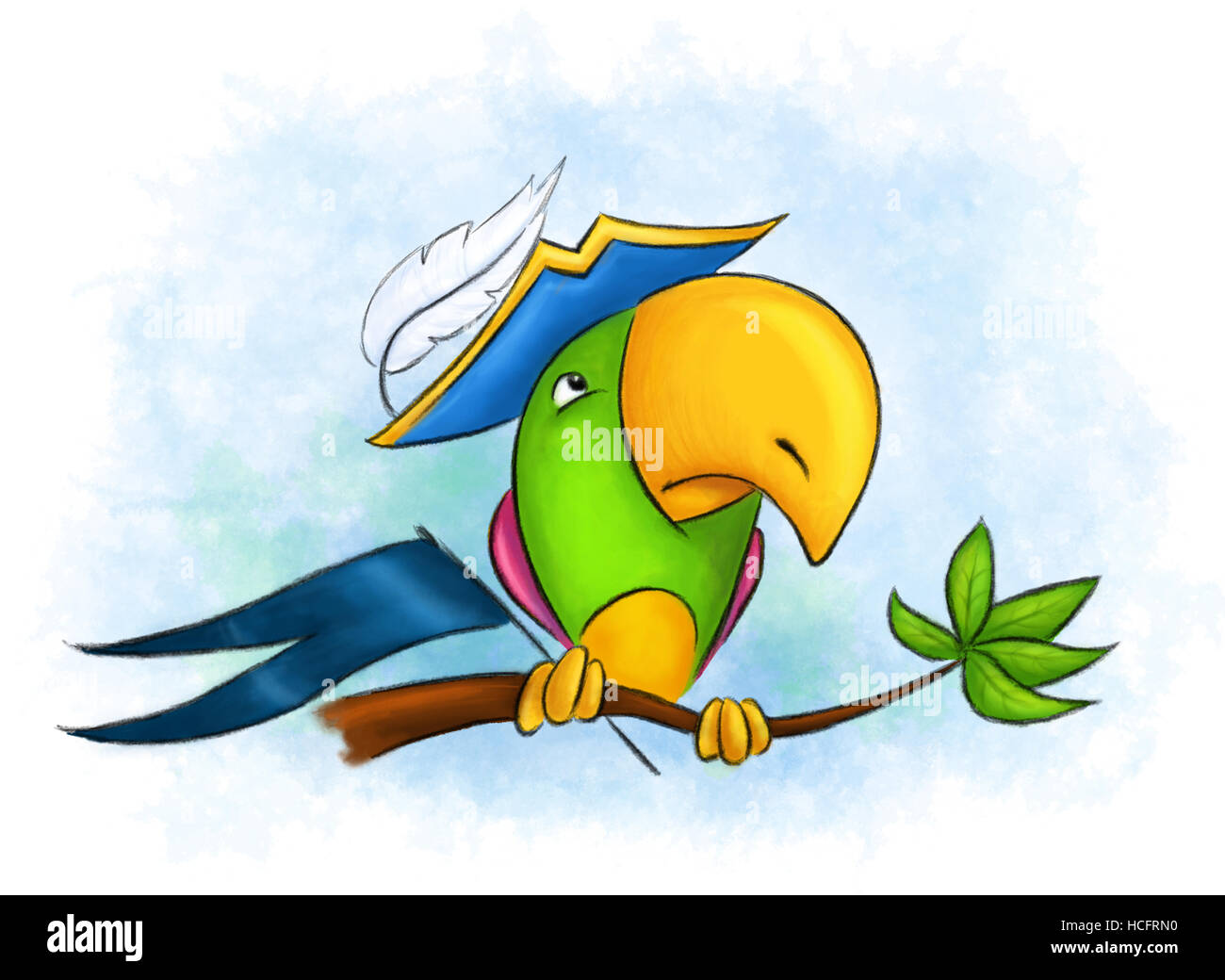 naughty colorful parrot in a pirate hat sitting on a tree branch Stock Photo