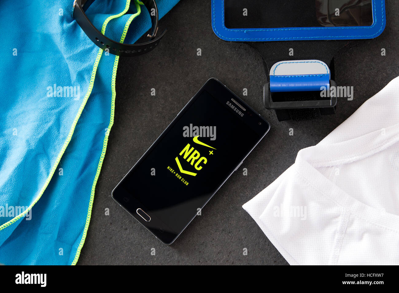 WROCLAW, POLAND - DECEMBER 06th, 2016: Samsung A5 with Nike+ Run Club application laying on desk. Stock Photo