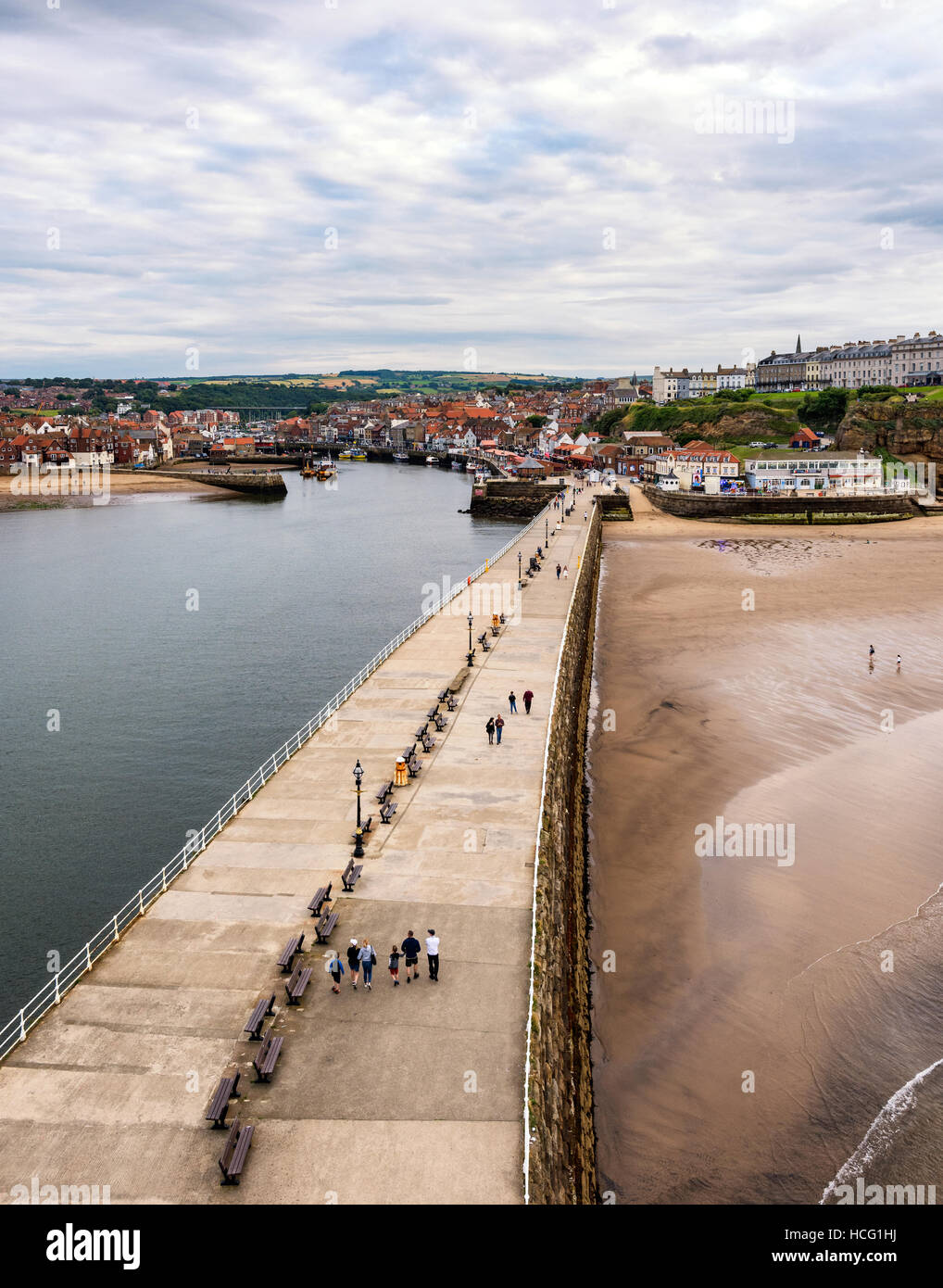 Looking back along the pier from the top of Whitby lighthouse Stock Photo