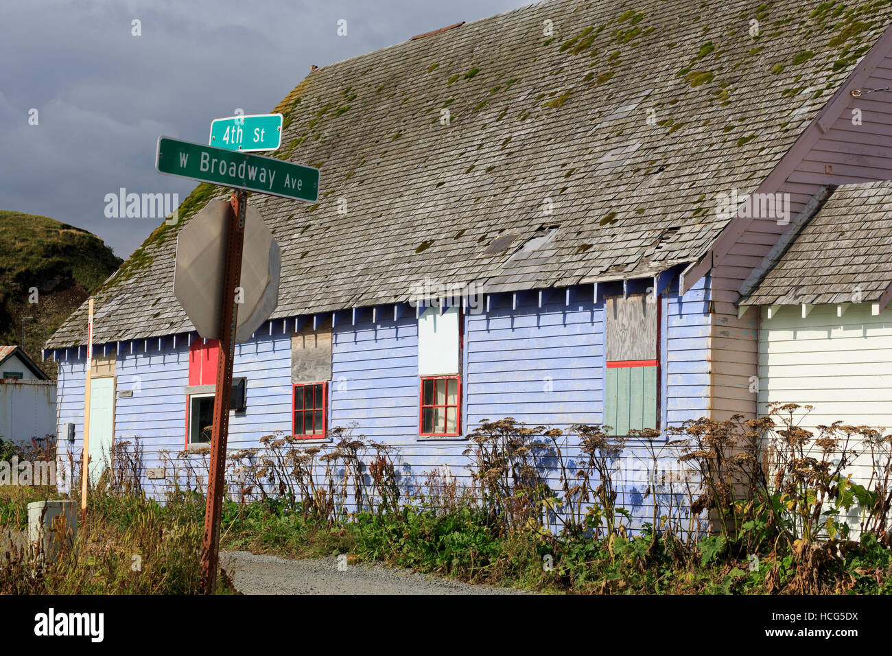 Weathered house, City of Unalaska, Aleutian Islands, Alaska, USA Stock Photo