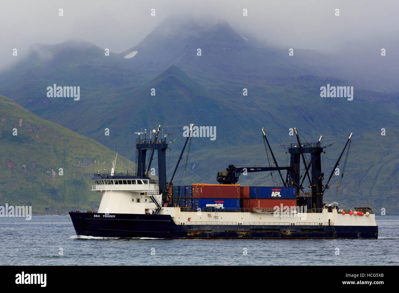 Sea Trader  in Unalaska Bay, Dutch Harbor, Aleutian Islands, Alaska, USA Stock Photo