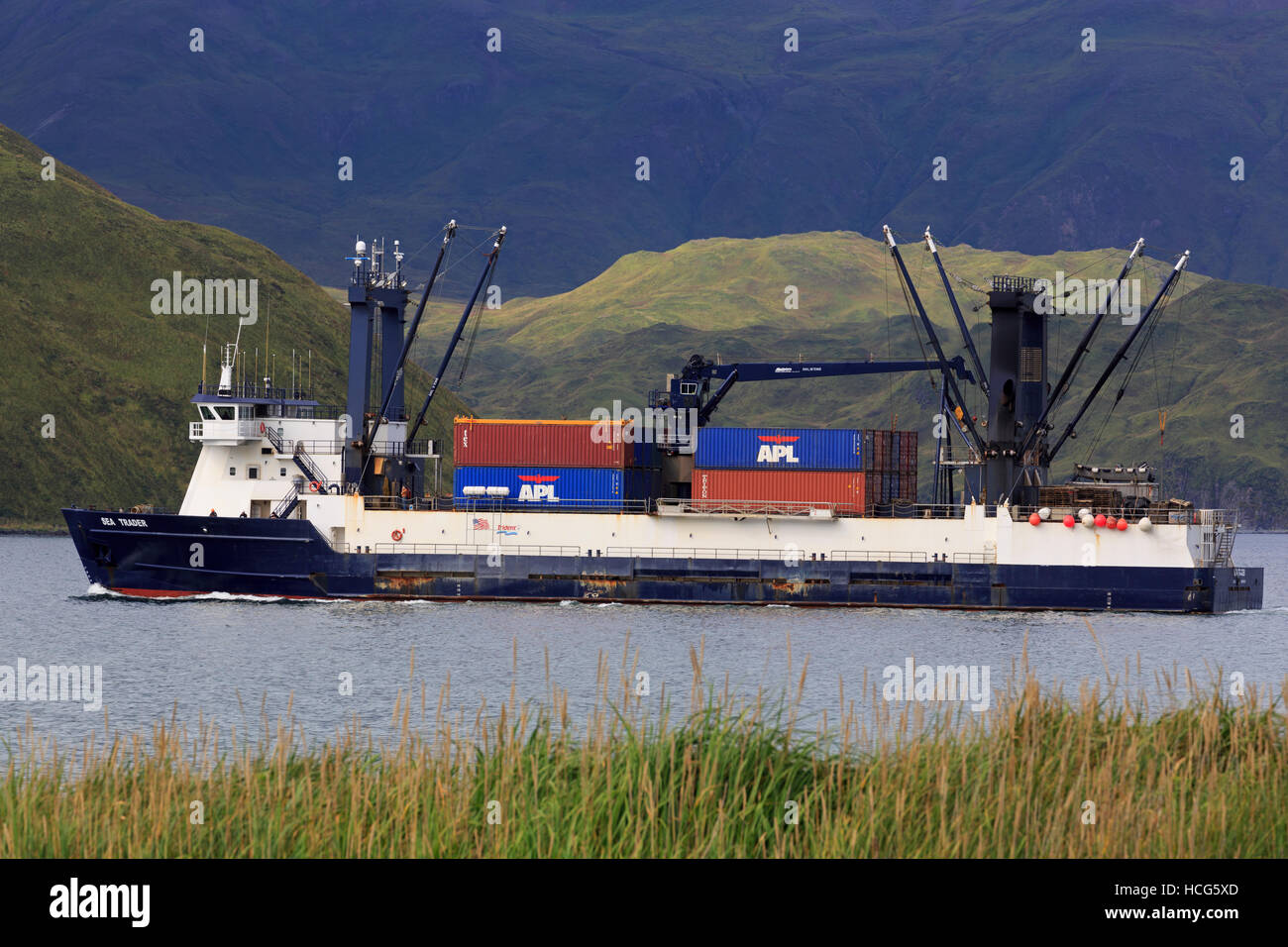 Sea Trader  in Unalaska Bay, Dutch Harbor, Aleutian Islands, Alaska, USA Stock Photo