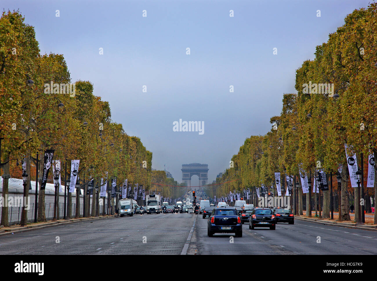 The Champs-Élysées and the Arc de Triomphe (Arch of Triumph) in the background, Paris, France. Stock Photo