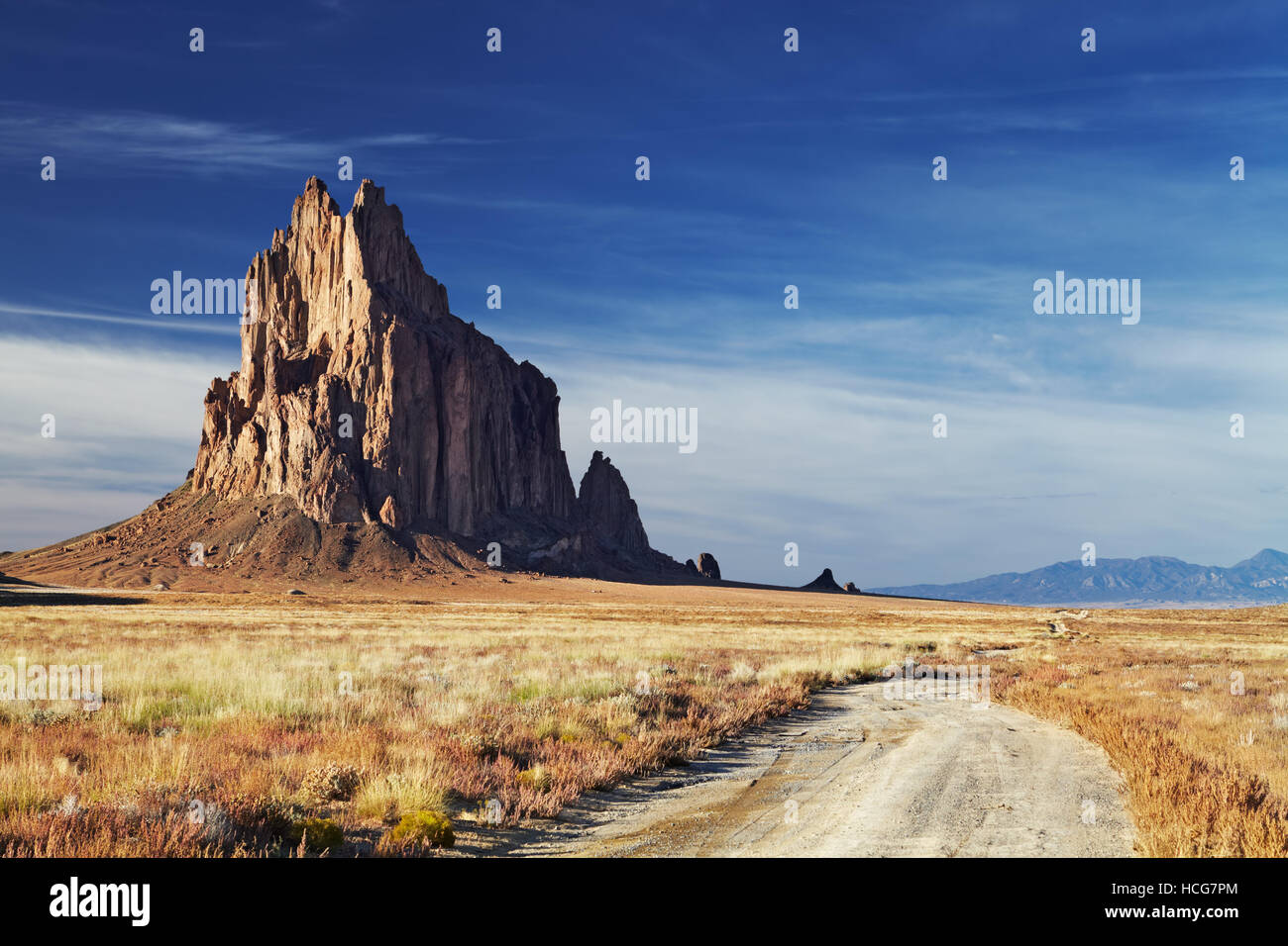 Shiprock, the great volcanic rock mountain in desert plane of New