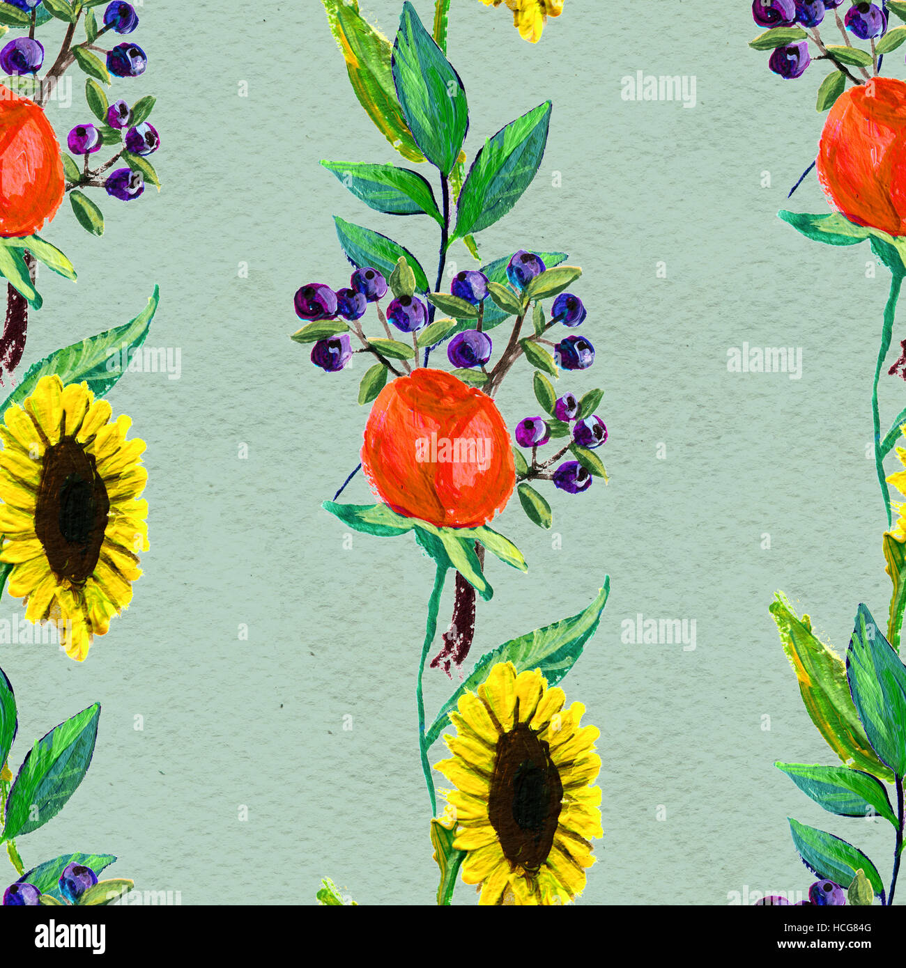 Seamless pattern with flowers and berries Stock Photo - Alamy