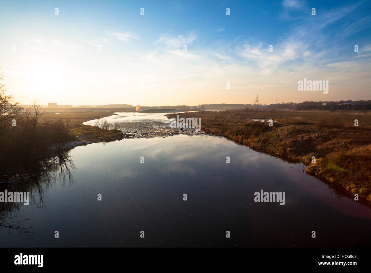 Germany, North Rhine-Westphalia, the restored mouth of the river Lippe in the Rhine near Wesel, in the background the Niederrhein bridge. Stock Photo