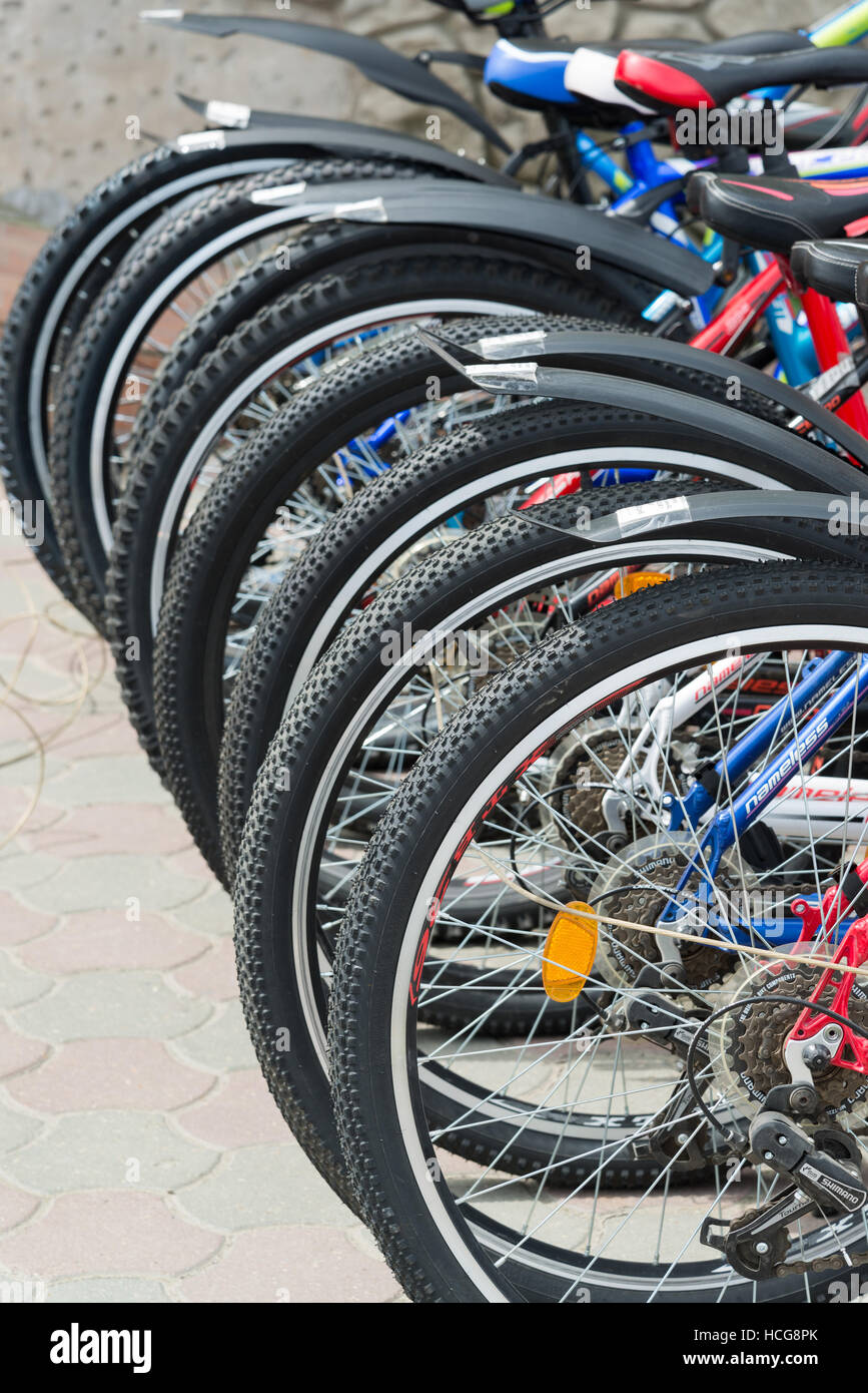 number of bicycle wheels outdoor Stock Photo