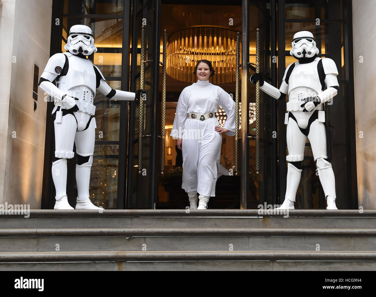 Actors dressed as Stormtroopers and Princess Leia at the launch of the London New Year's Day parade at the Corinthia Hotel in London. Stock Photo