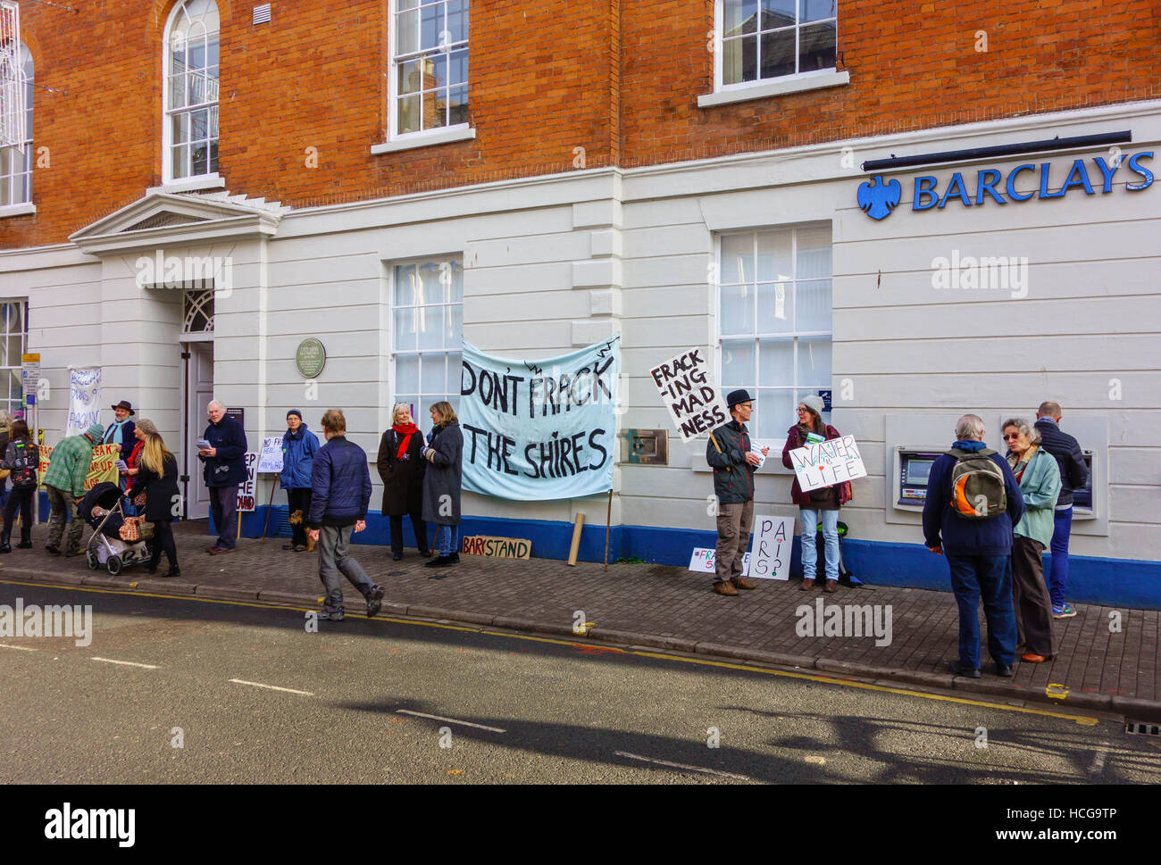Demonstrators against Fracking outside Barclay's bank Hereford England UK 03/12/2016 Stock Photo
