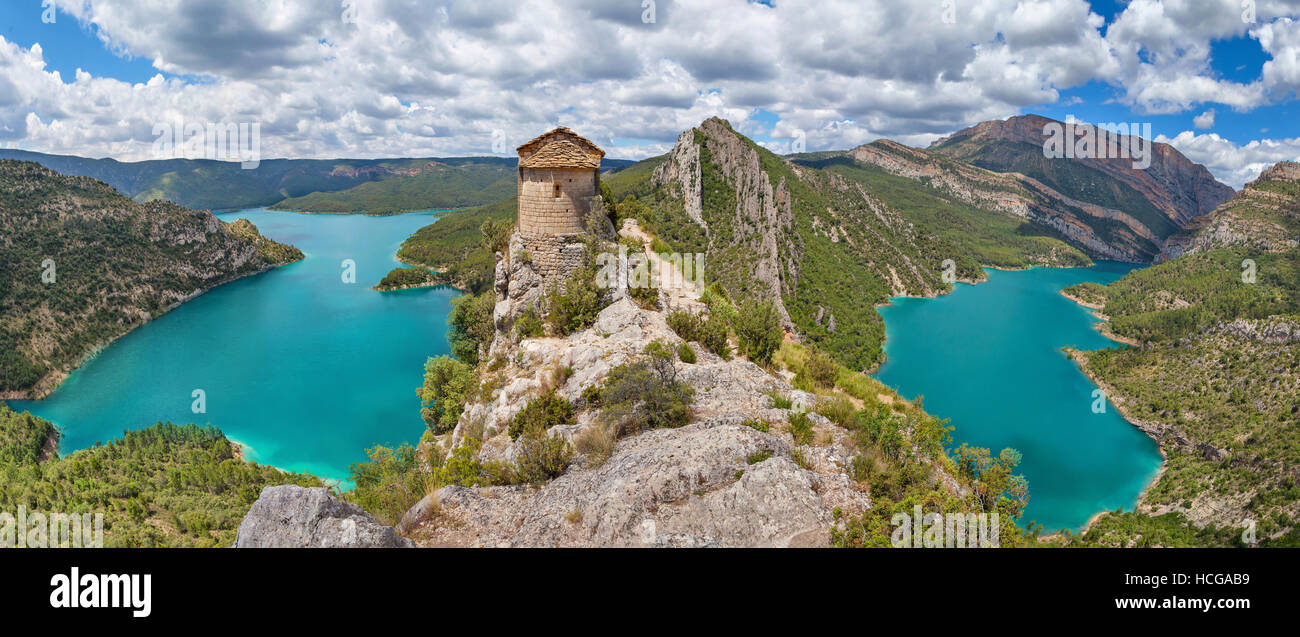 Hermitage of La Pertusa over the Canelles reservoir in La Noguera, Lleida province, Catalonia, Spain Stock Photo