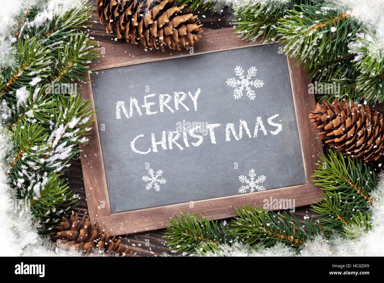 Christmas chalkboard and fir tree. Top view with copy space for your ...
