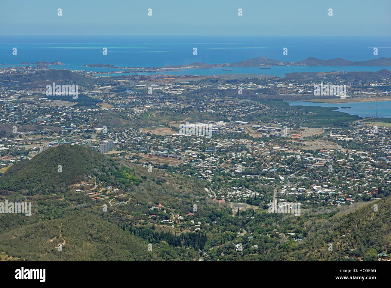 Aerial view of Noumea city on the southwest coast of New Caledonia island, south Pacific ocean Stock Photo