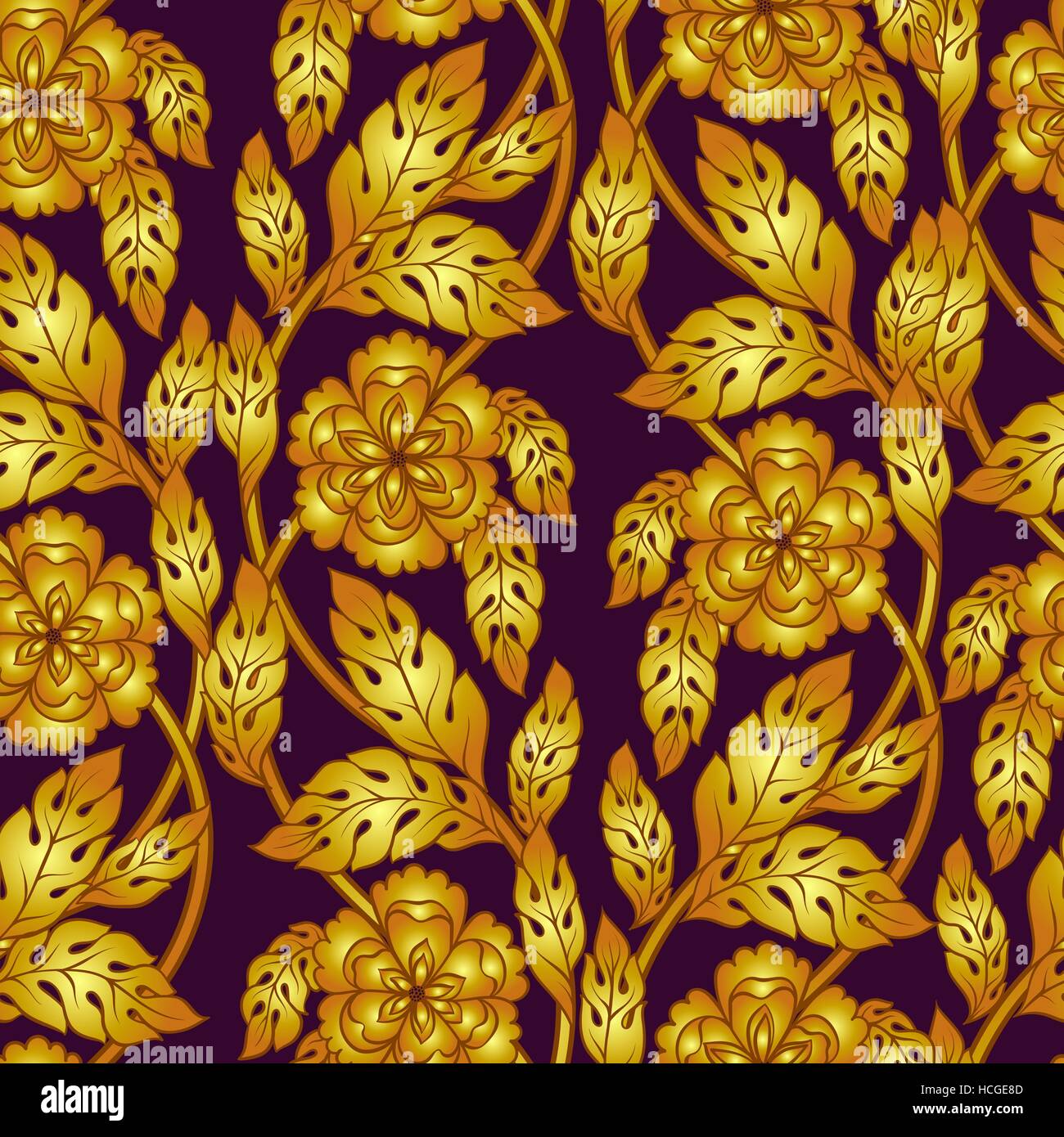 Vector seamless pattern with golden floral ornament. Ornamental lace backdrop. Ornate decor wallpaper. Endless texture. Luxury gold decorative 3d rose Stock Vector