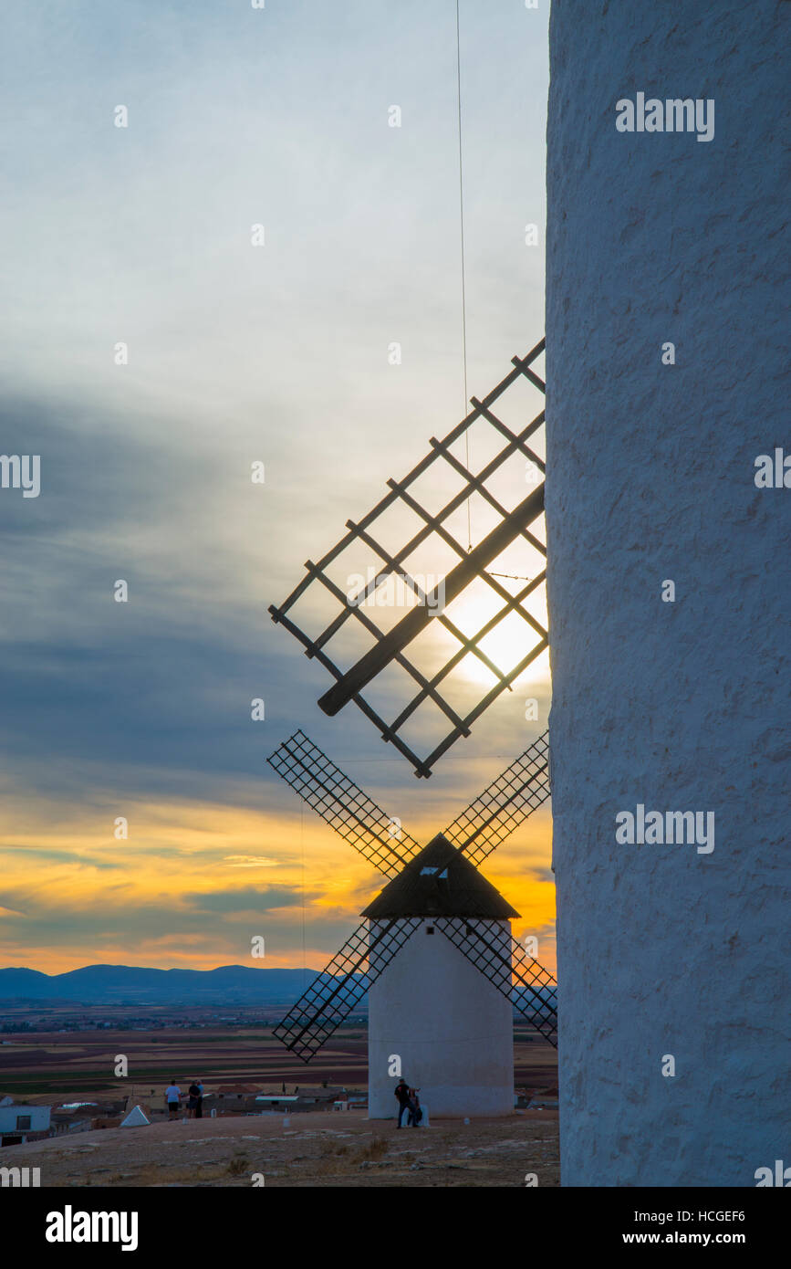 Windmills at dusk. Campo de Criptana, Ciudad Real province, Castilla La Mancha, Spain. Stock Photo