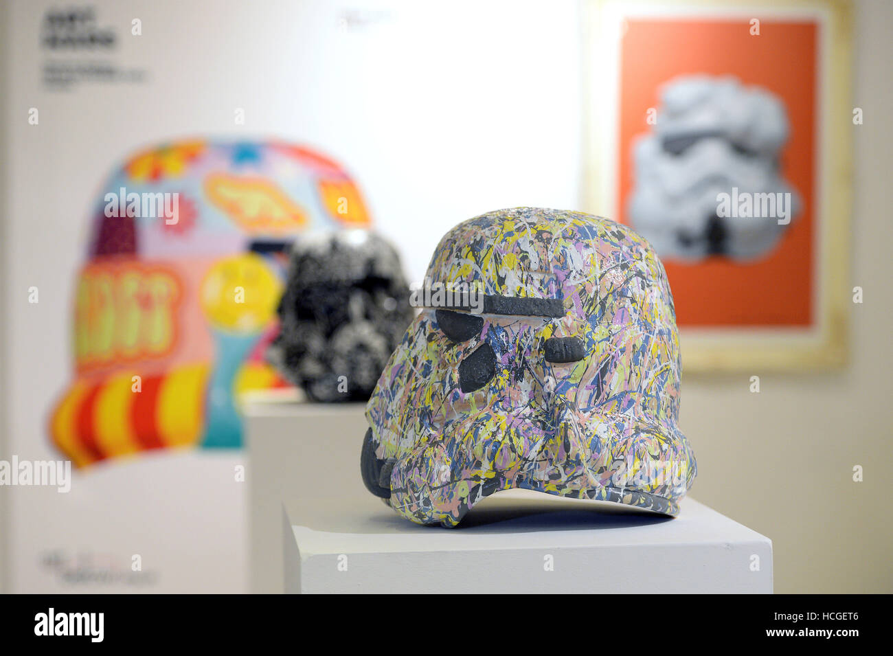 Embellished Stormtrooper Helmets On Display At The Art Wars Rogue 1 Stock Photo Alamy